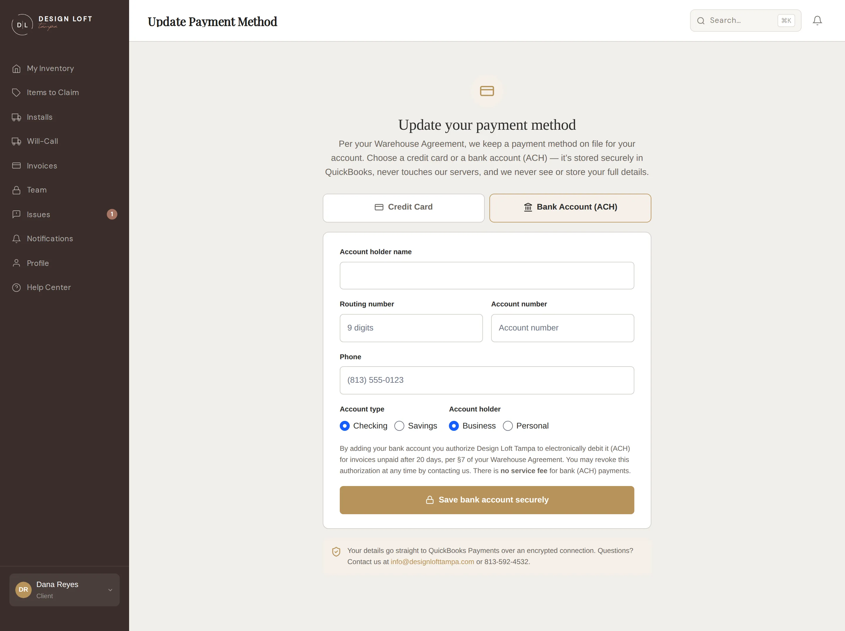 Payment method entry, bank account form