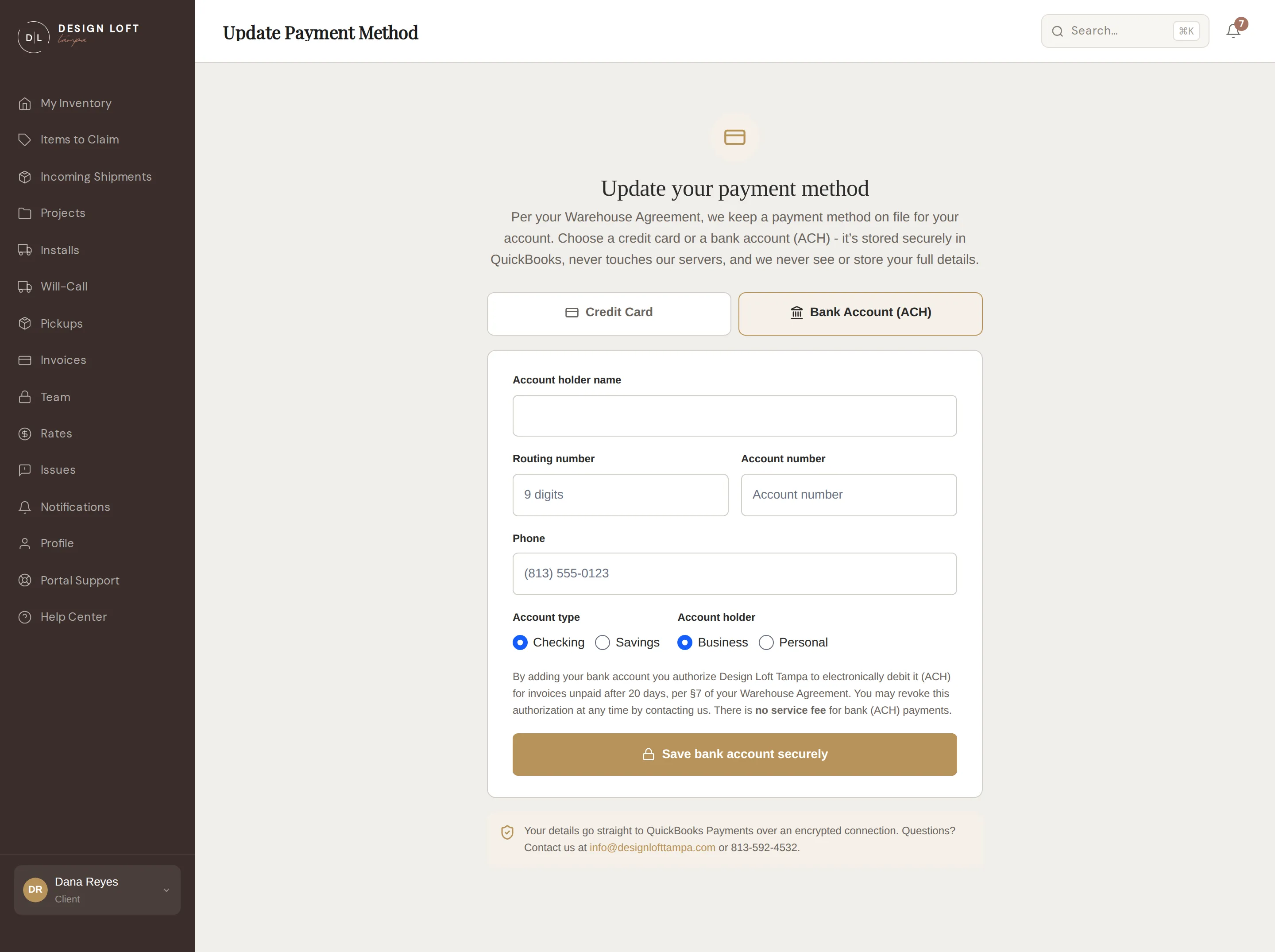 Payment method entry, bank account form