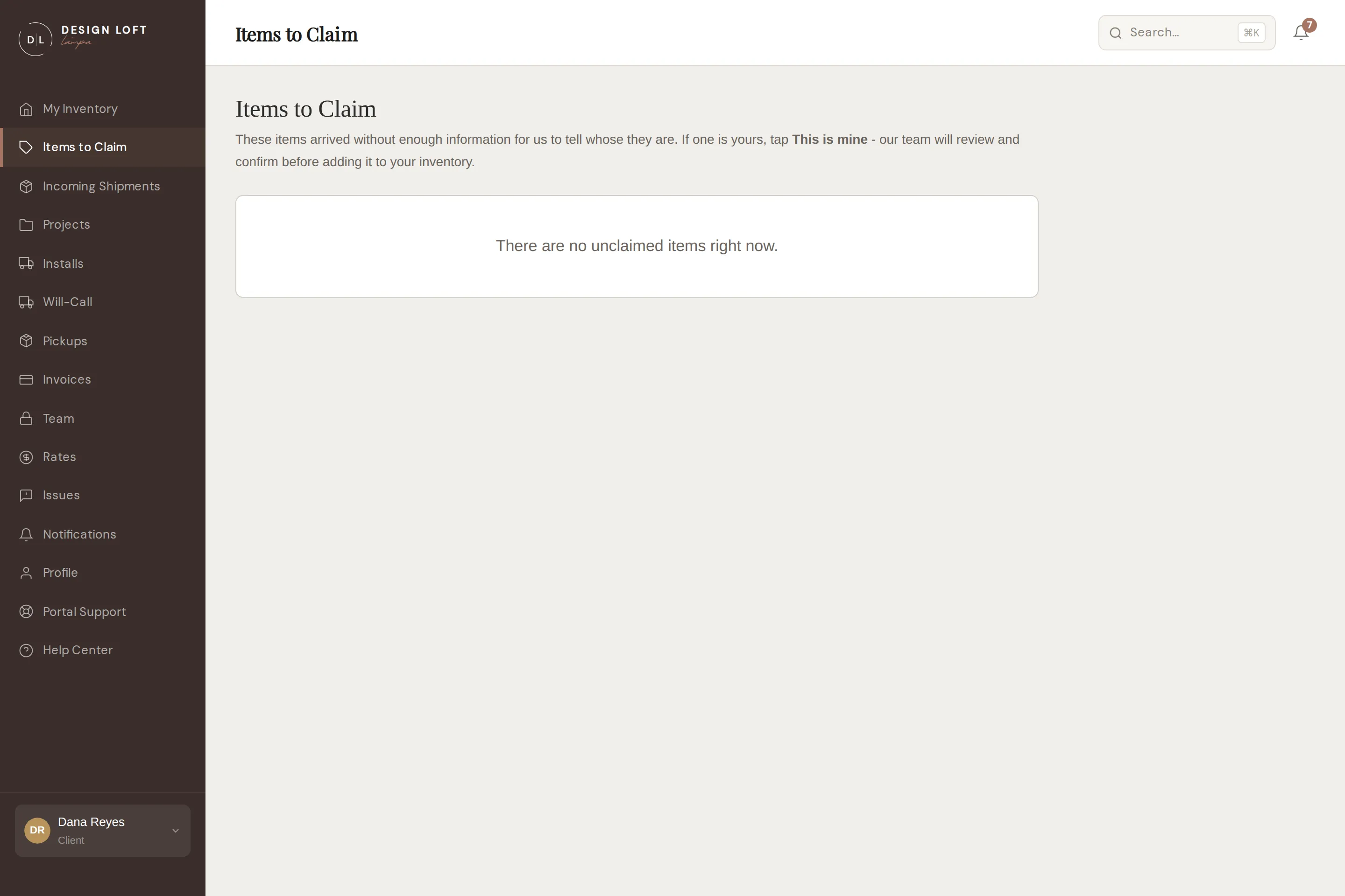The Items to Claim page