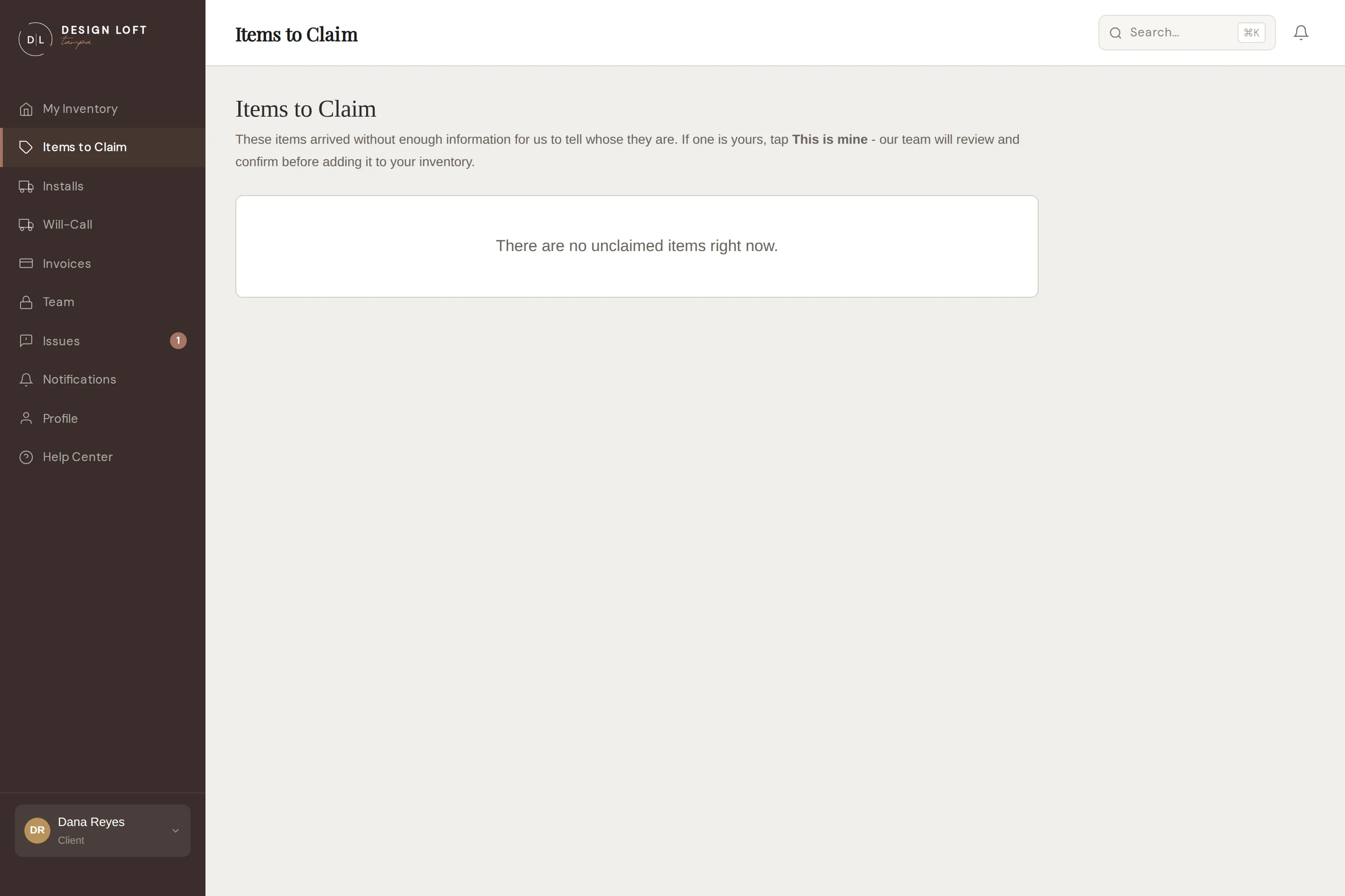 The Items to Claim page