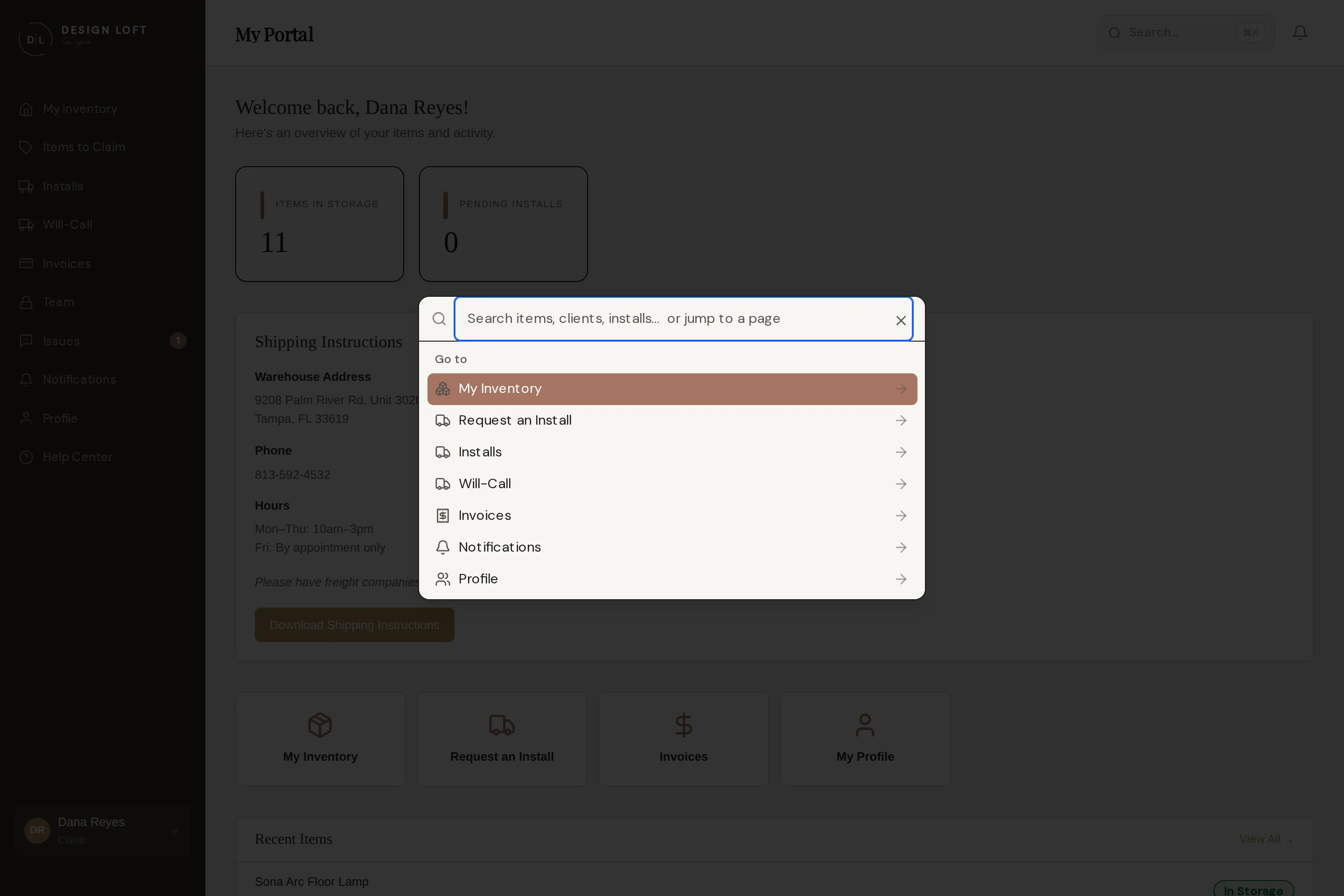 Search open over the dashboard