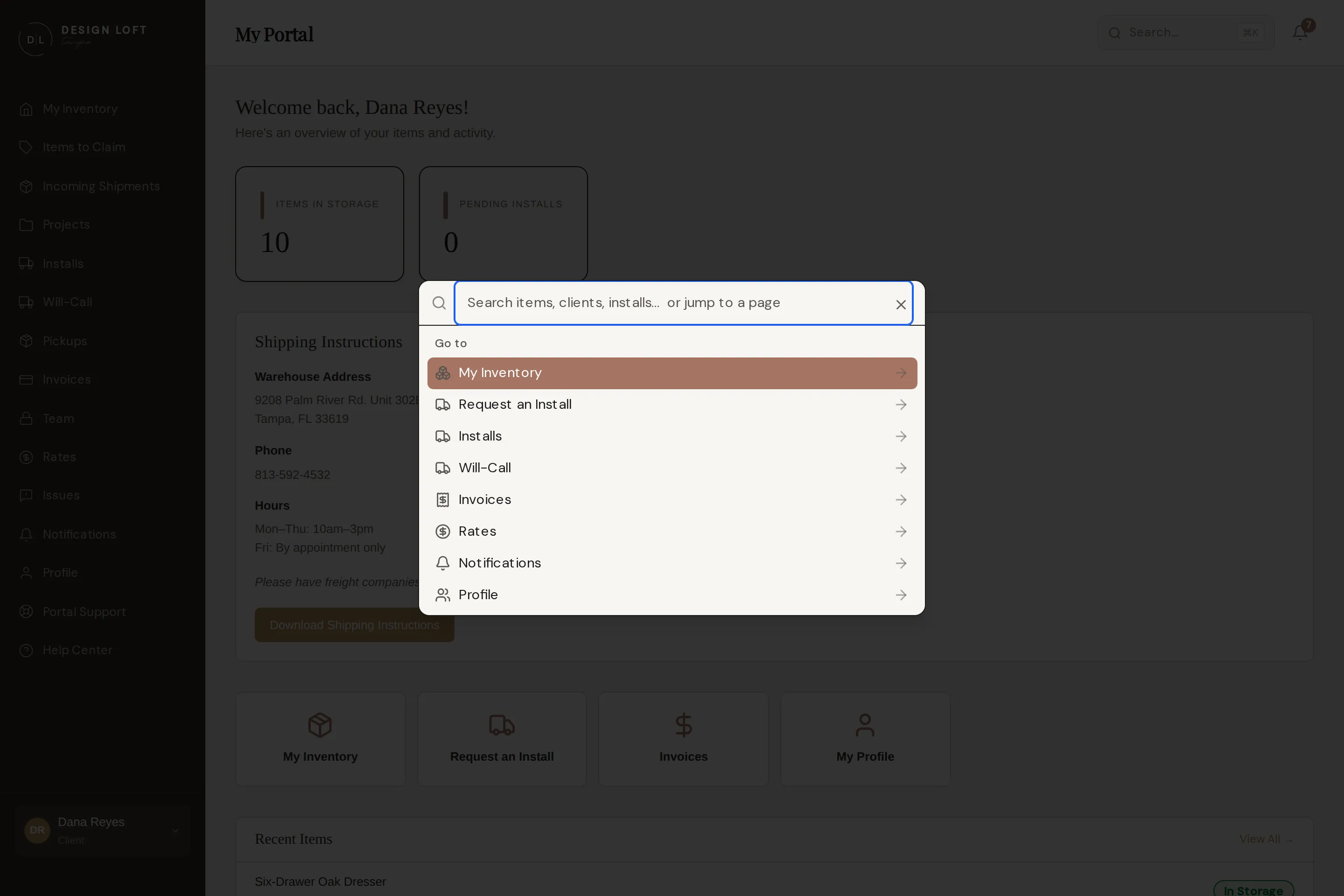Search open over the dashboard
