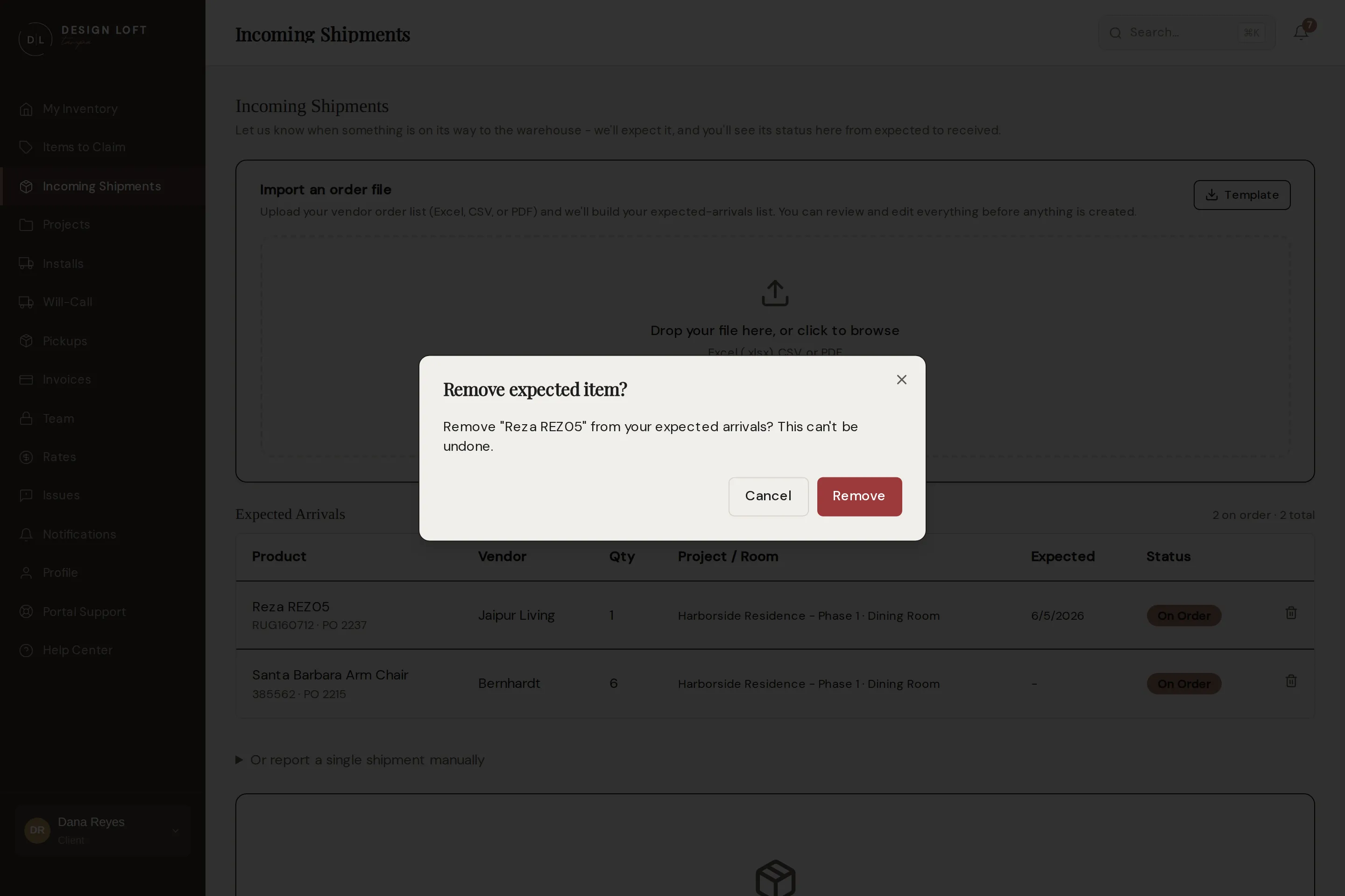 Confirming the removal of an expected item