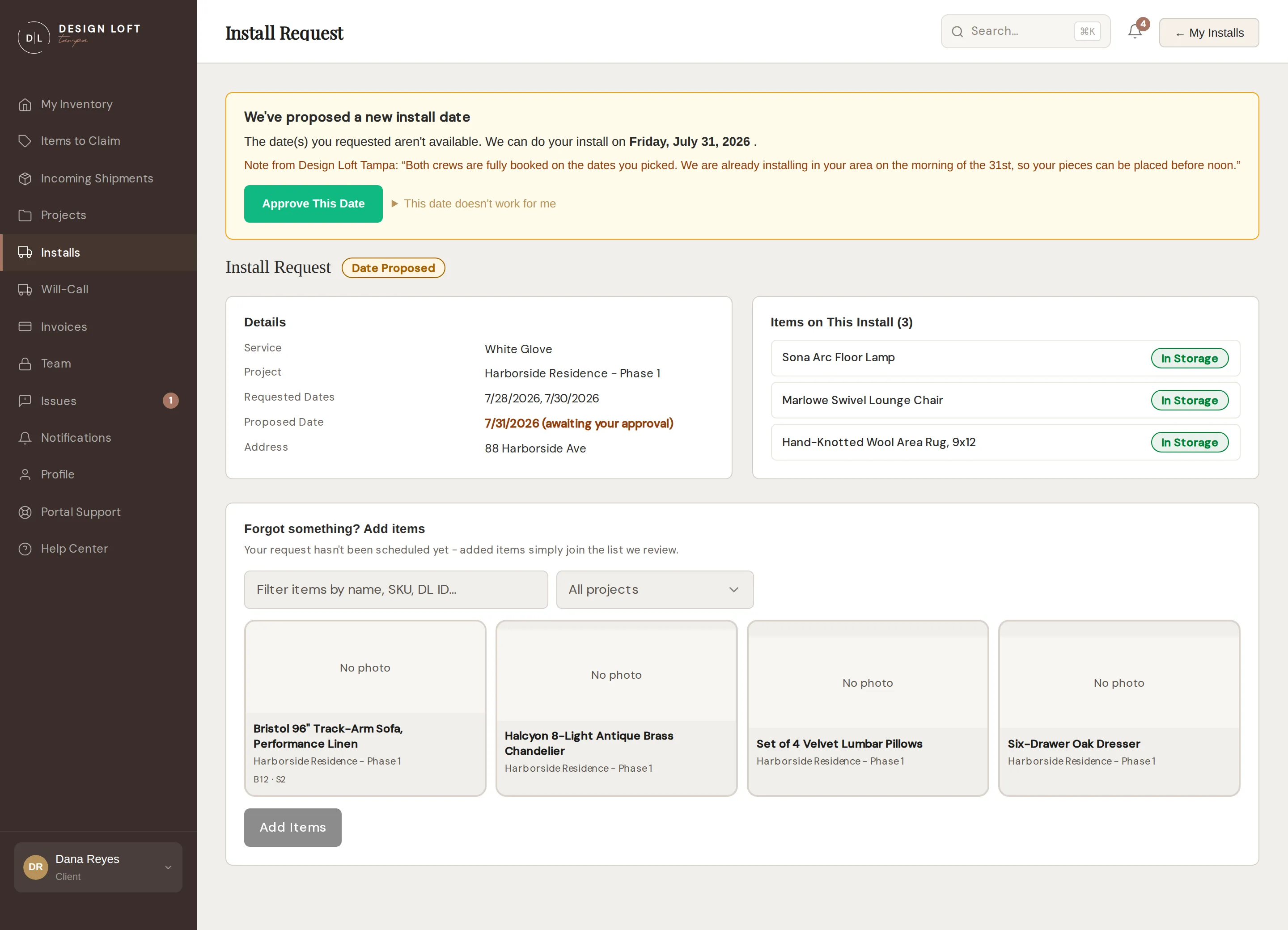 An install request with a proposed date awaiting your approval