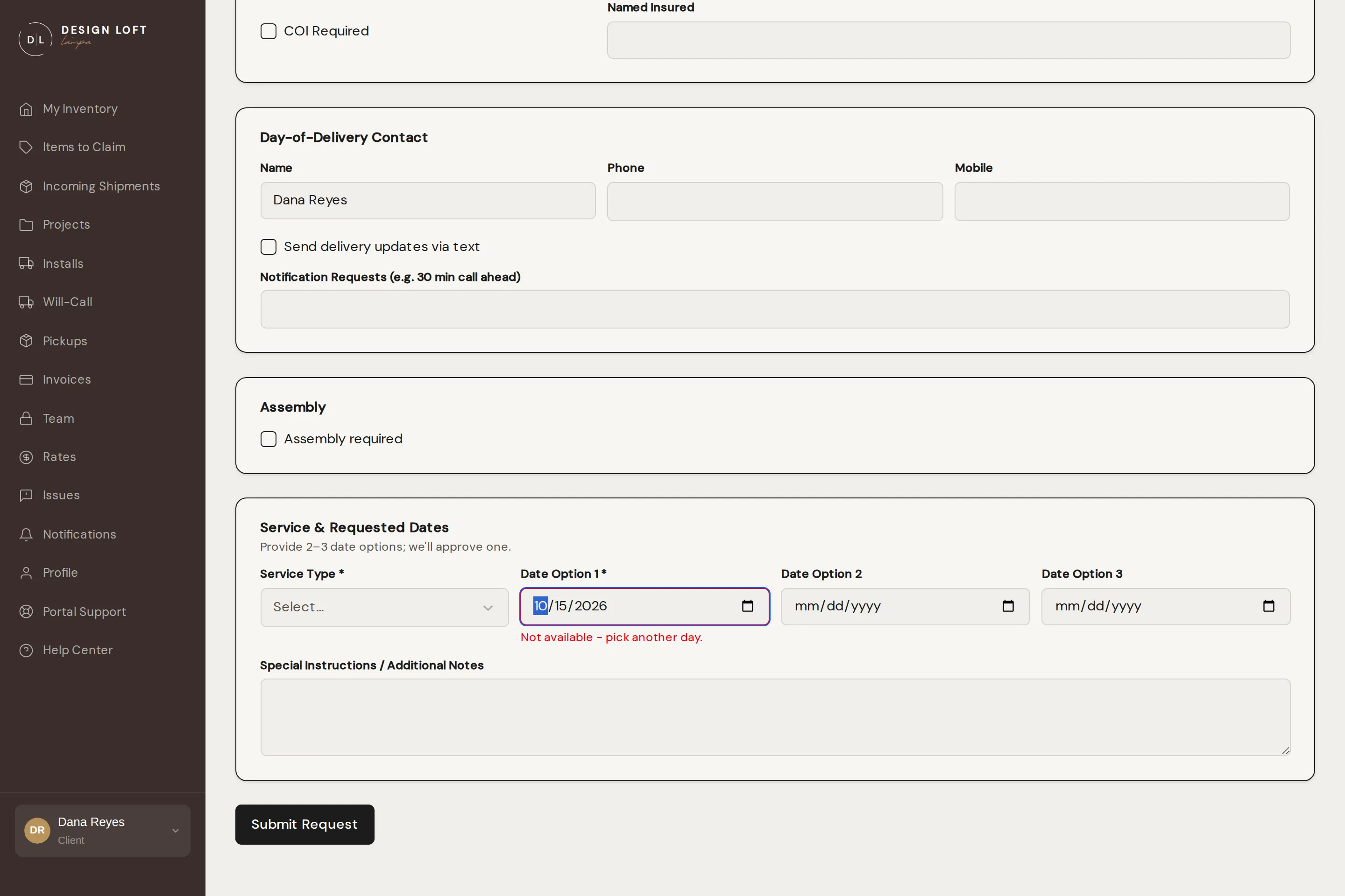 The install form flagging a date we cannot work, with the note under the date field