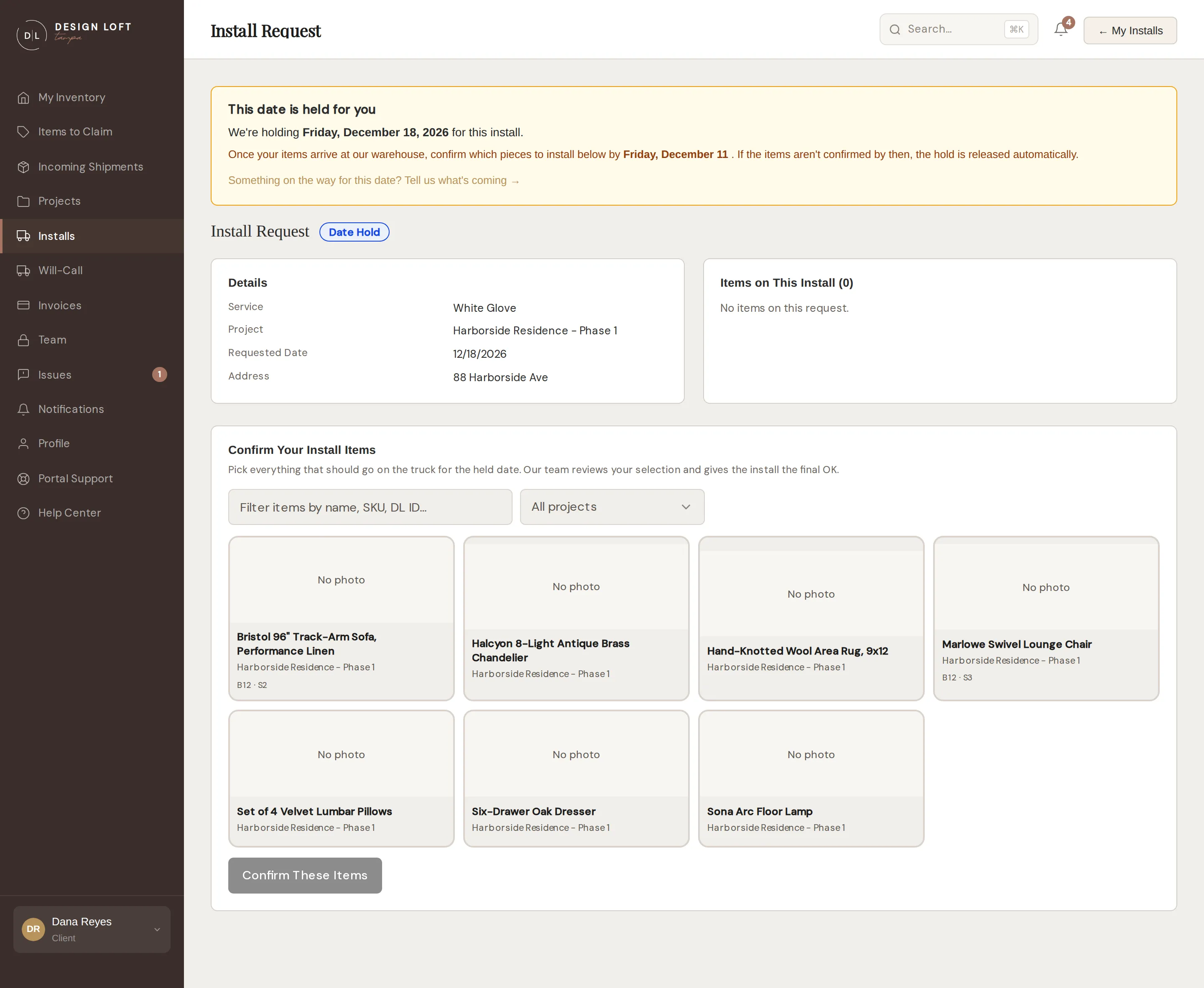 A held install date with the confirm-items section