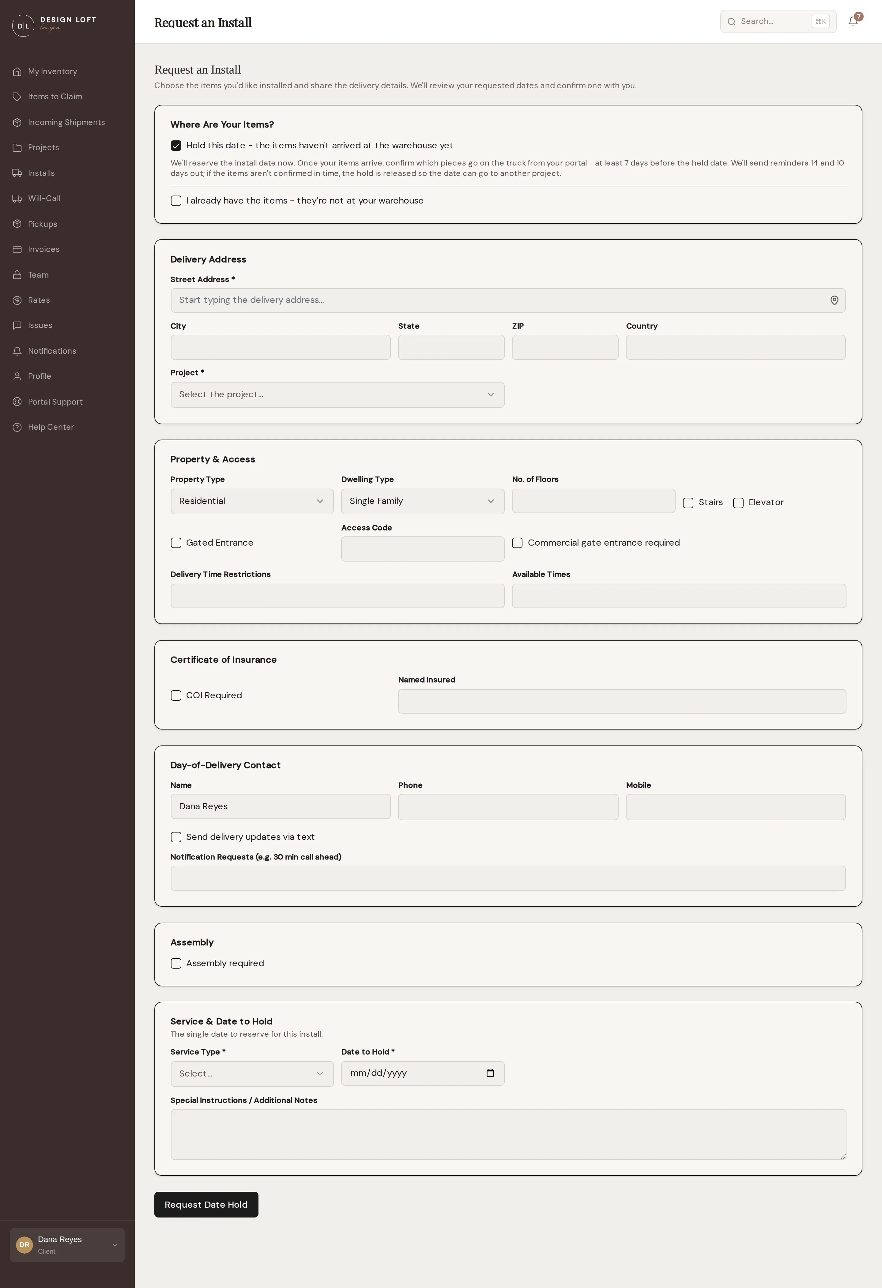 The install request form in hold mode