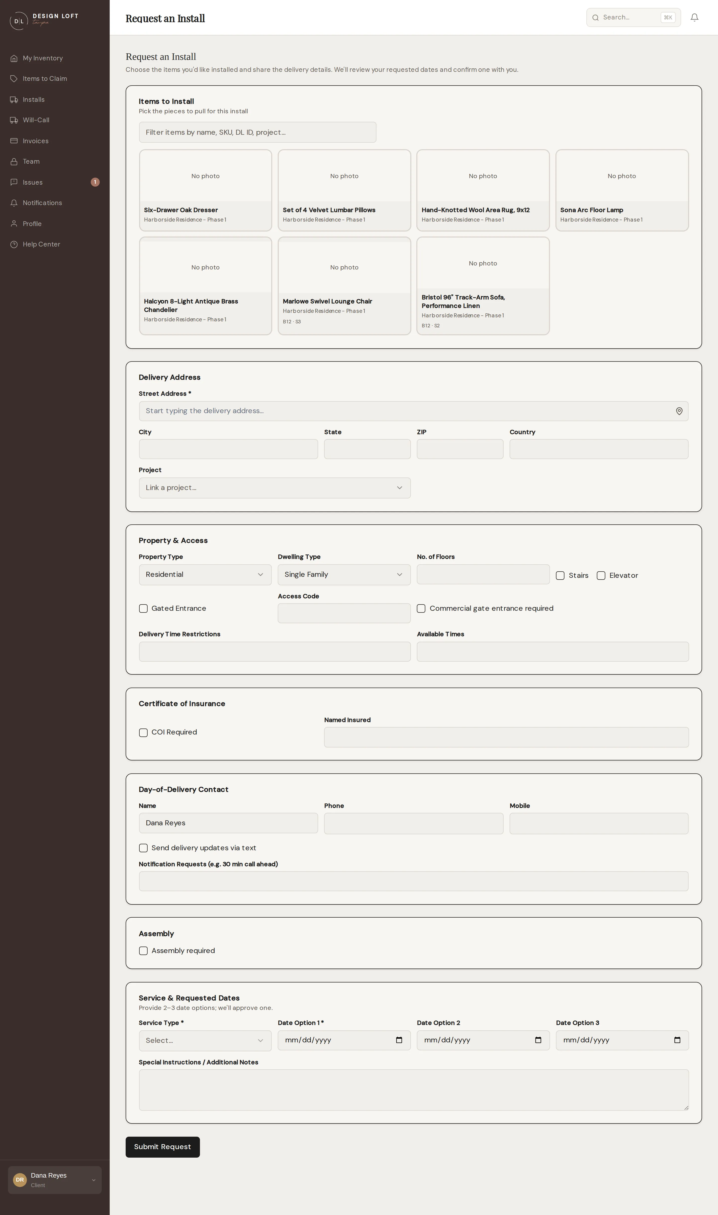 The install request form