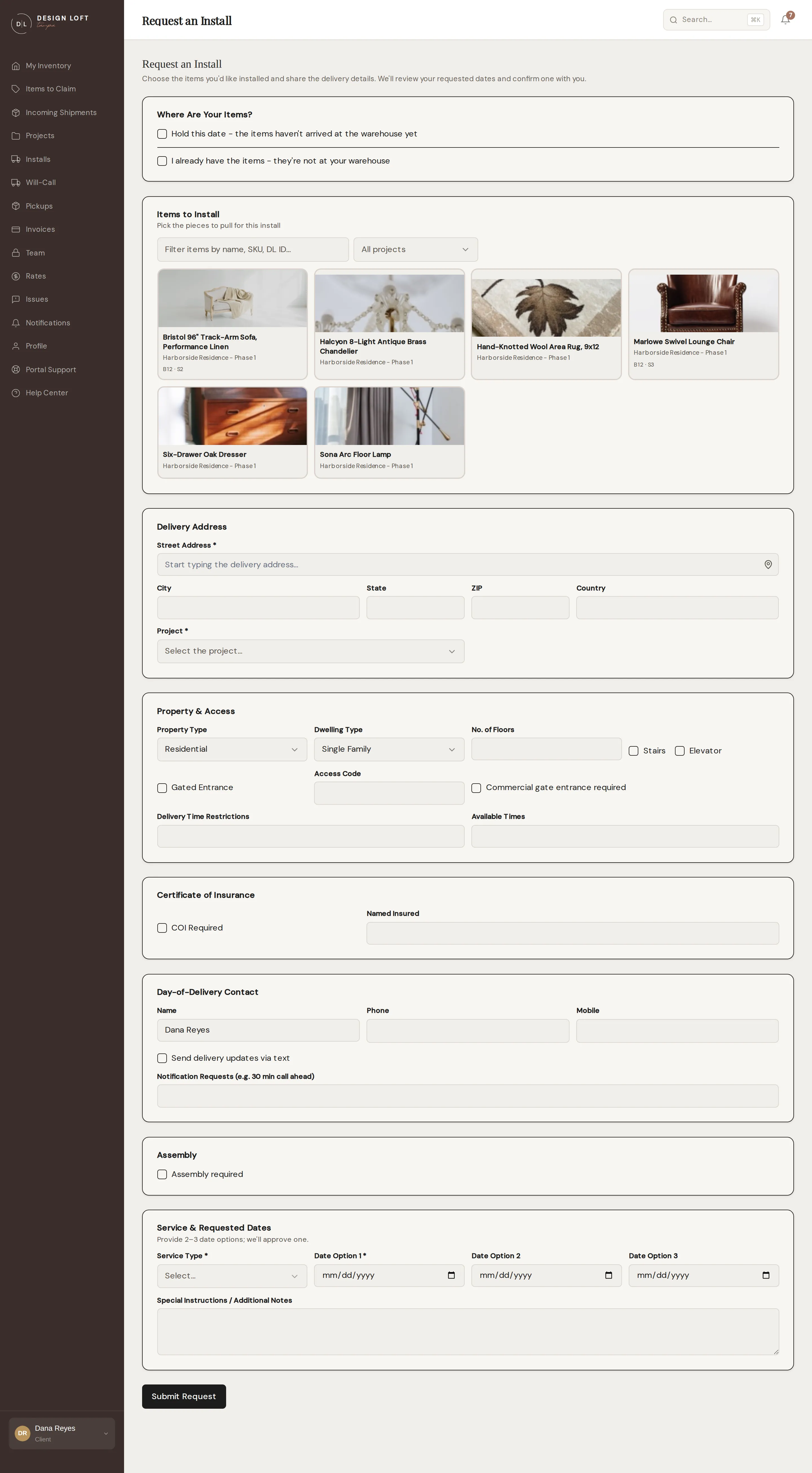 The install request form
