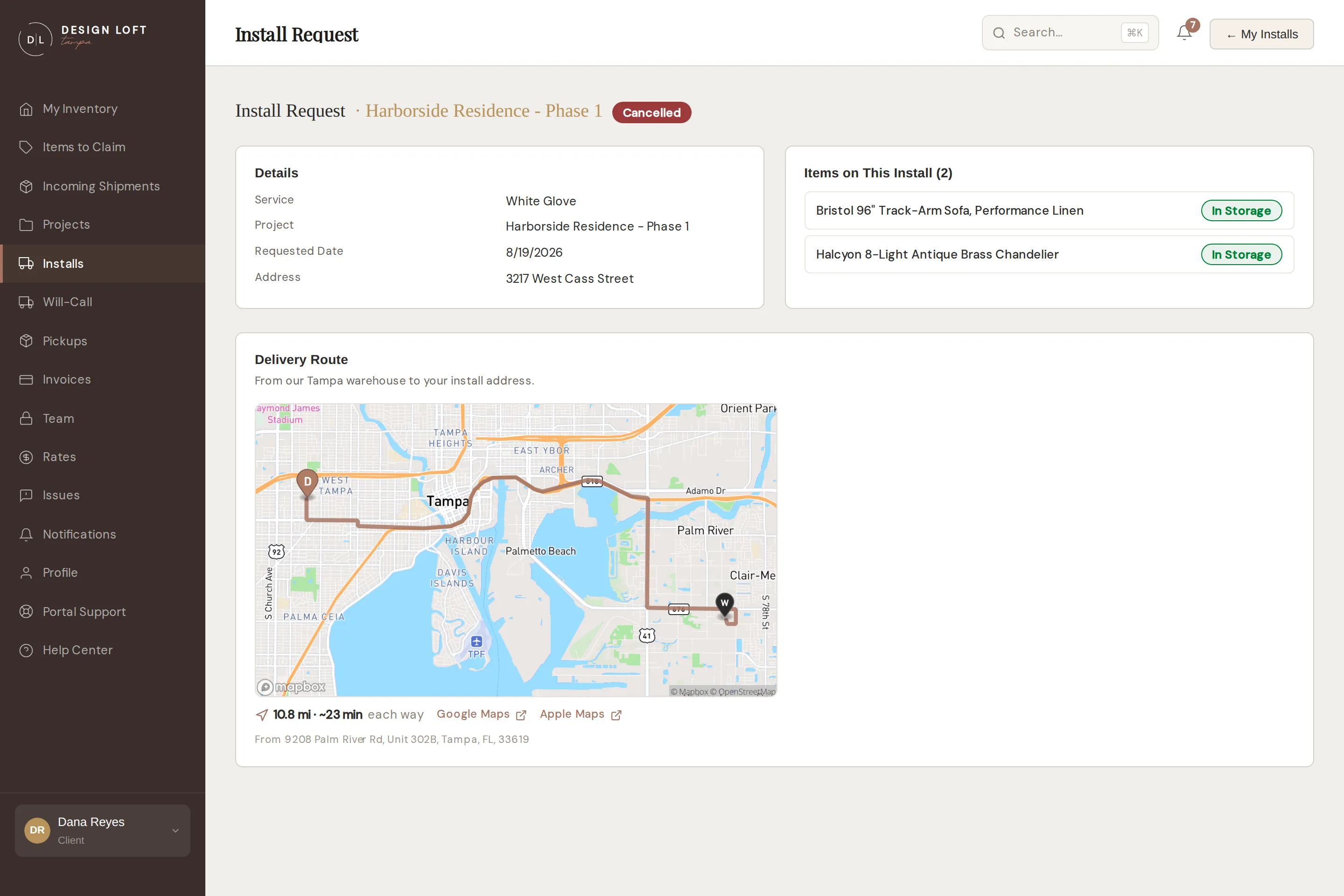 The Delivery Route map on an install request’s page