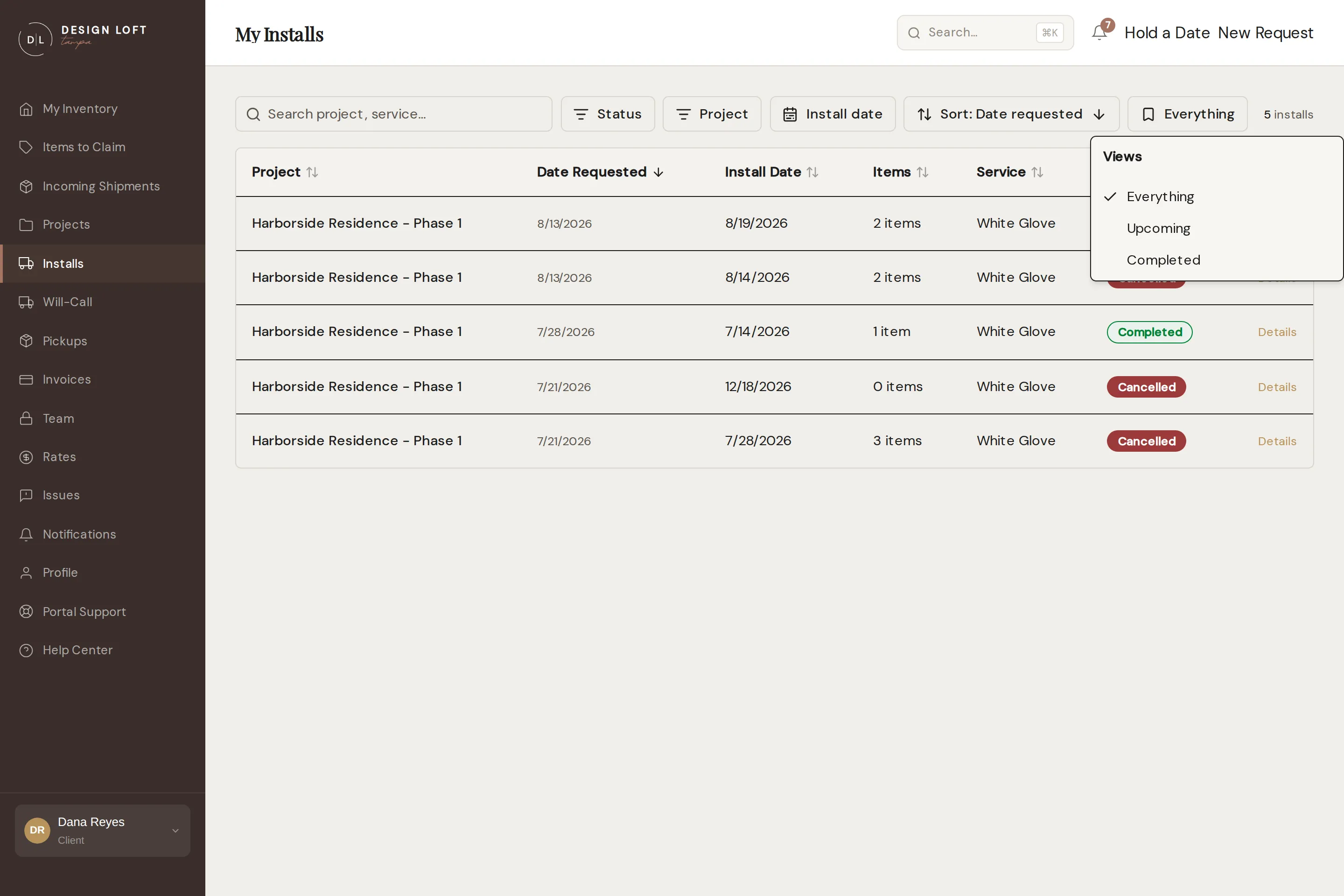 Narrowing the Installs list, with the ready-made views open