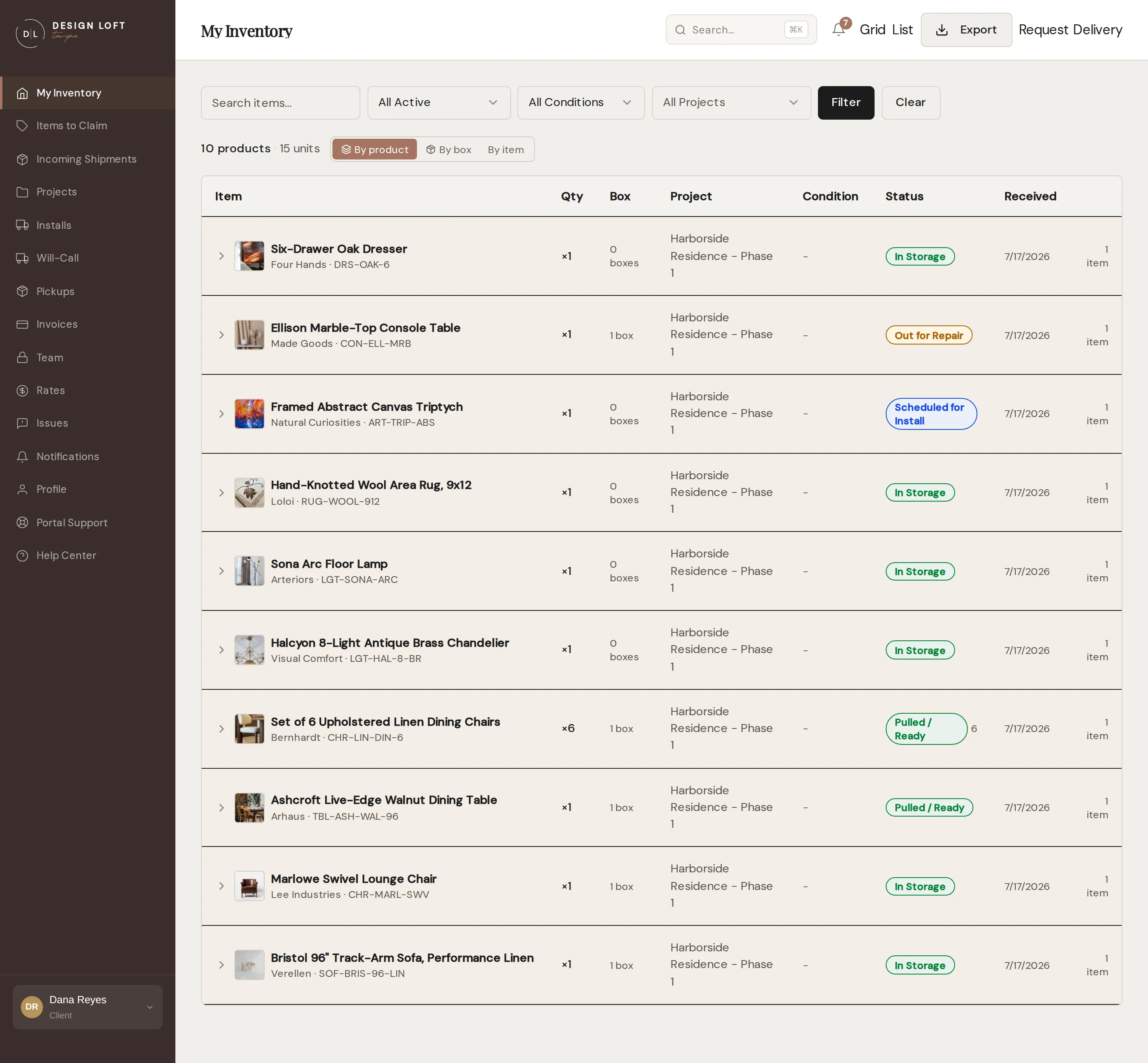 My Inventory in list view, grouped by product