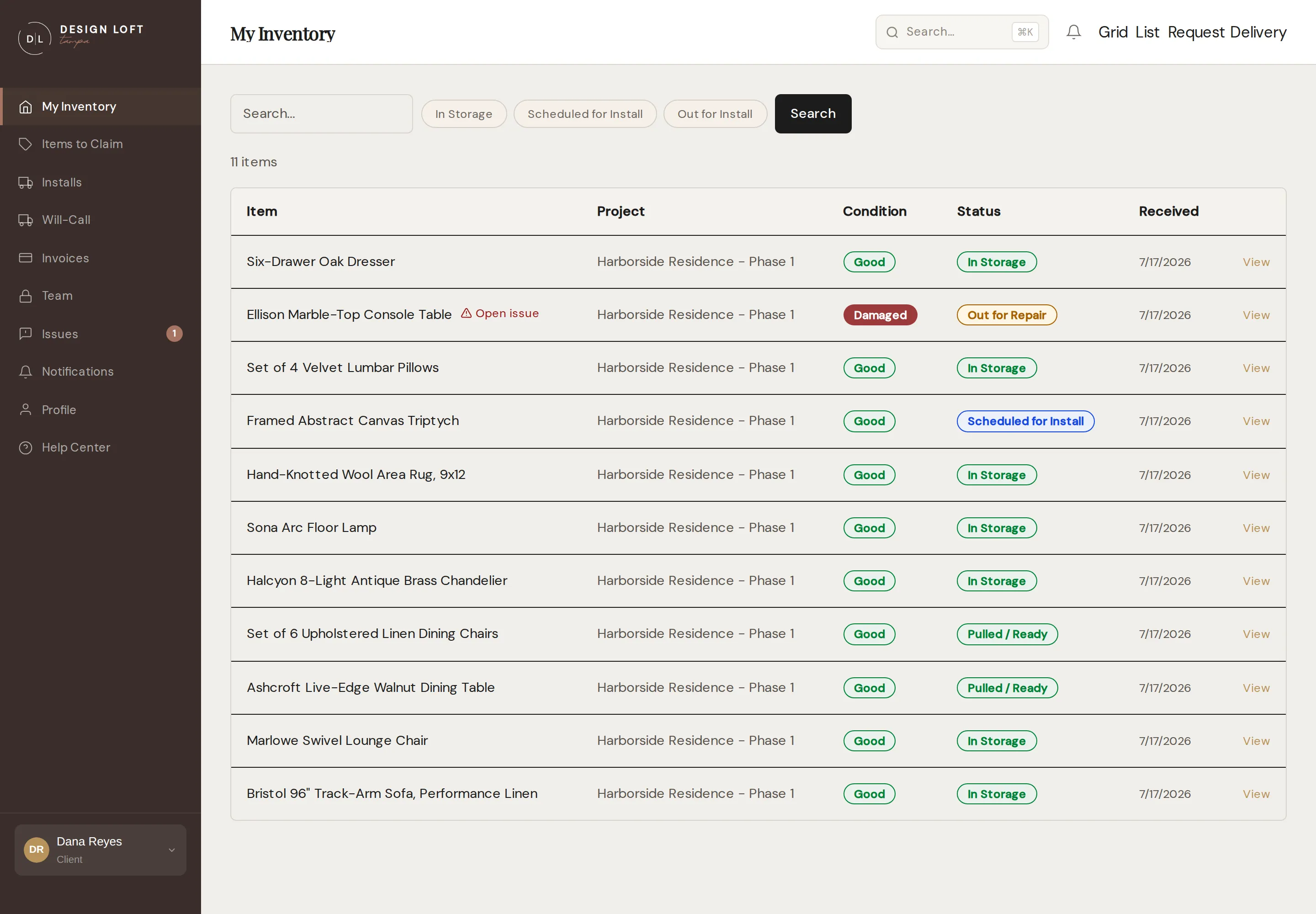 My Inventory in list view