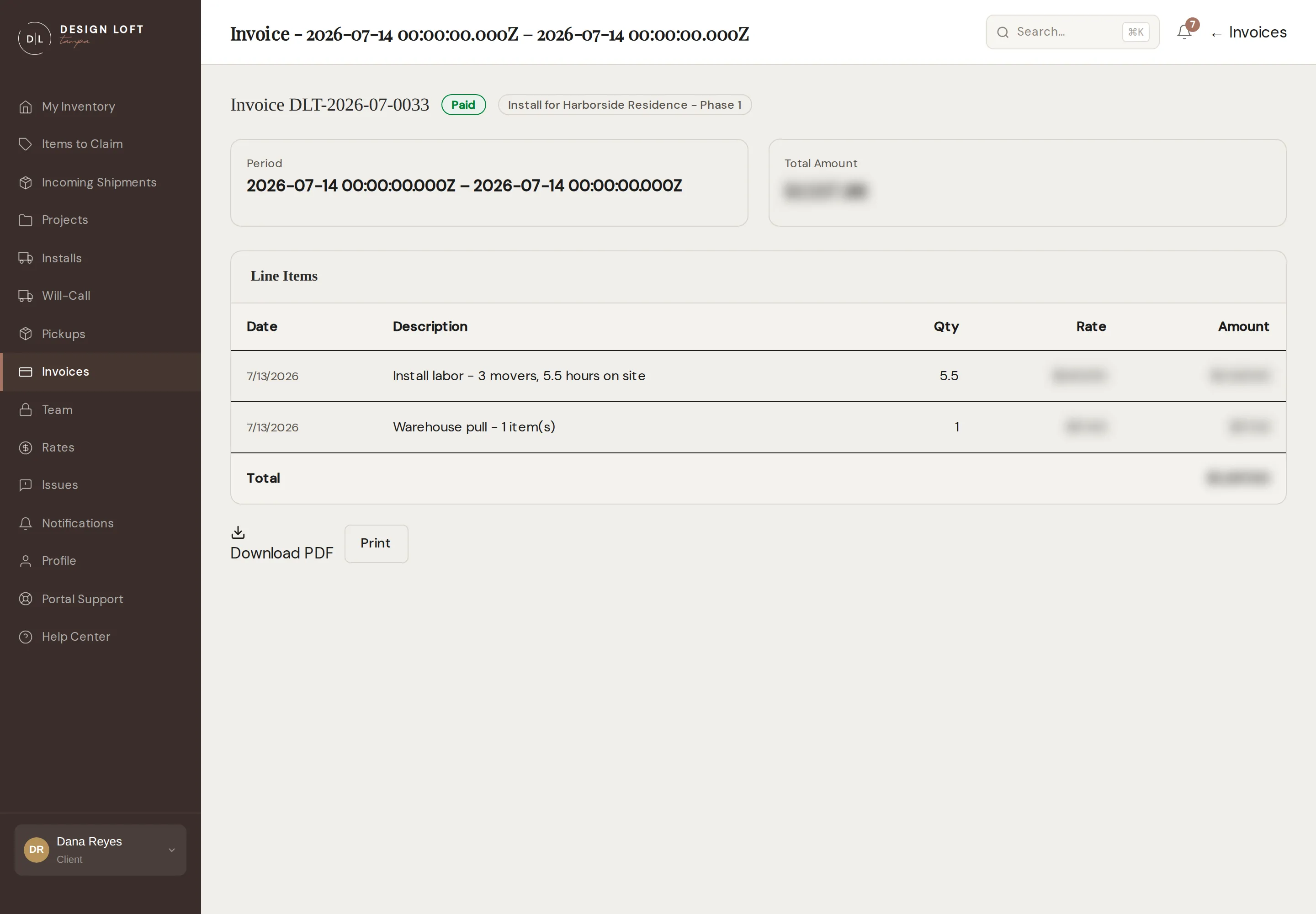 An invoice opened from the list, with its number in the heading