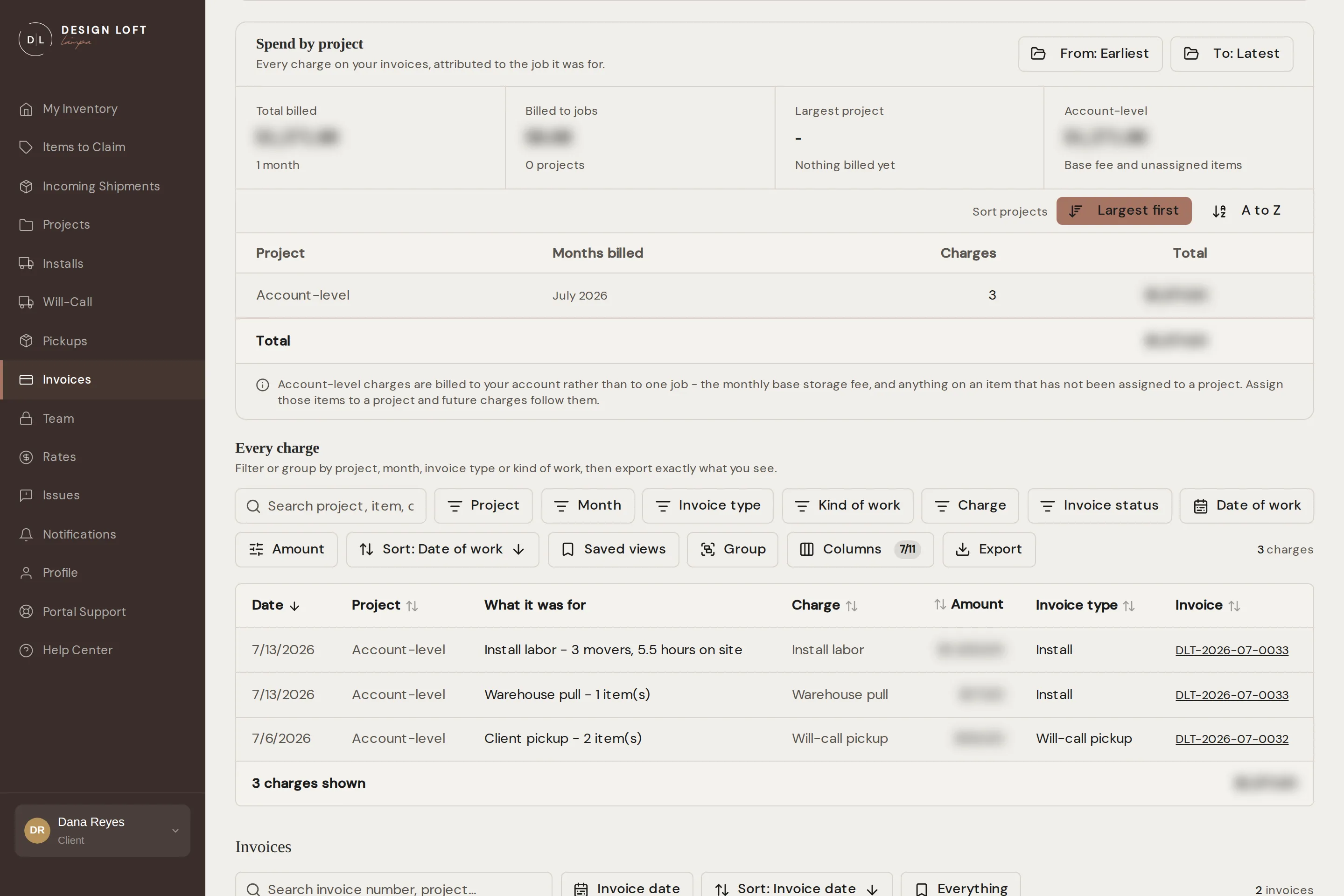 The Every charge list under Spend by project, with its filters