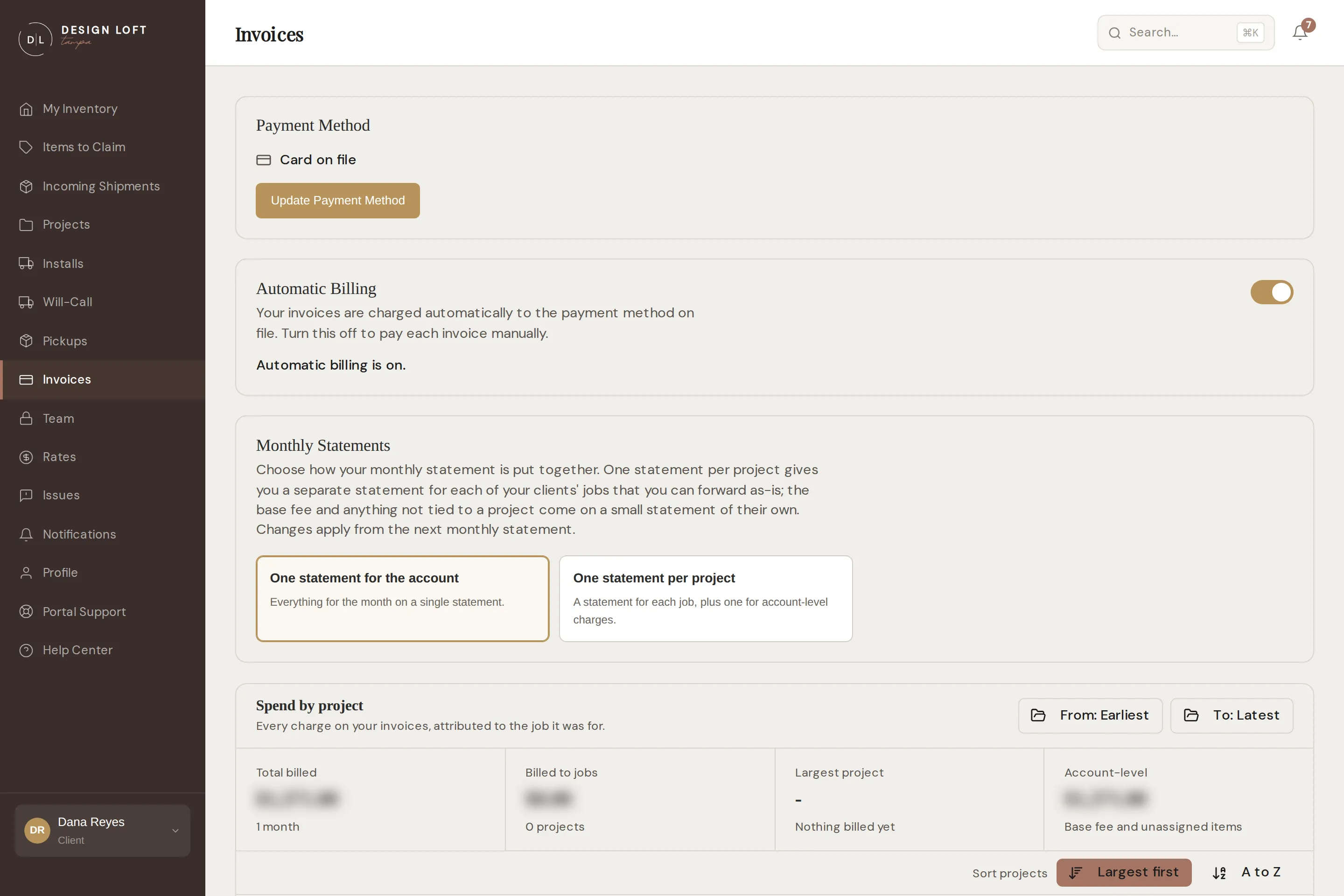The Monthly Statements choice on the Invoices page, with the two options side by side