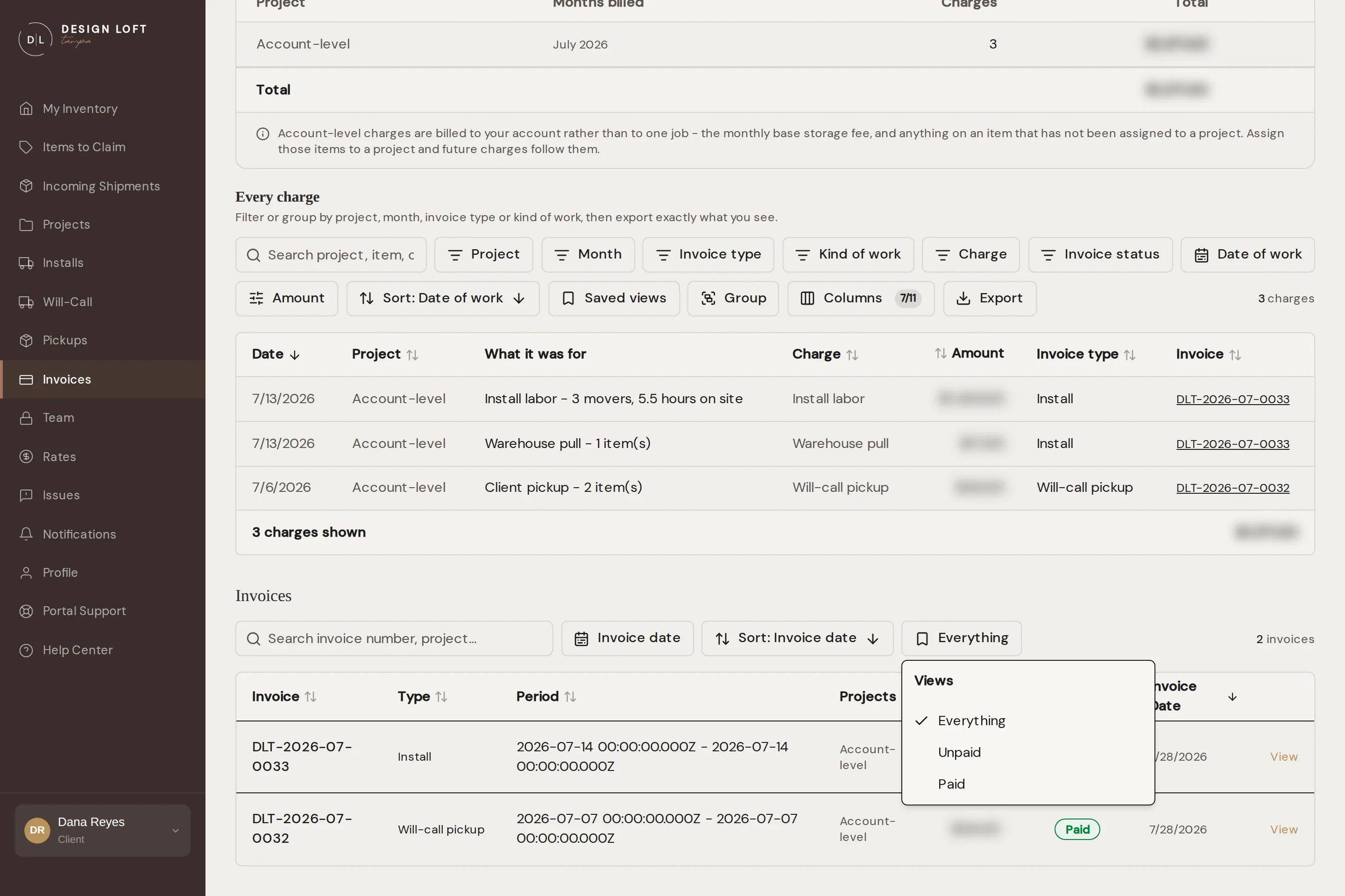 Narrowing the invoice list, with the ready-made views open