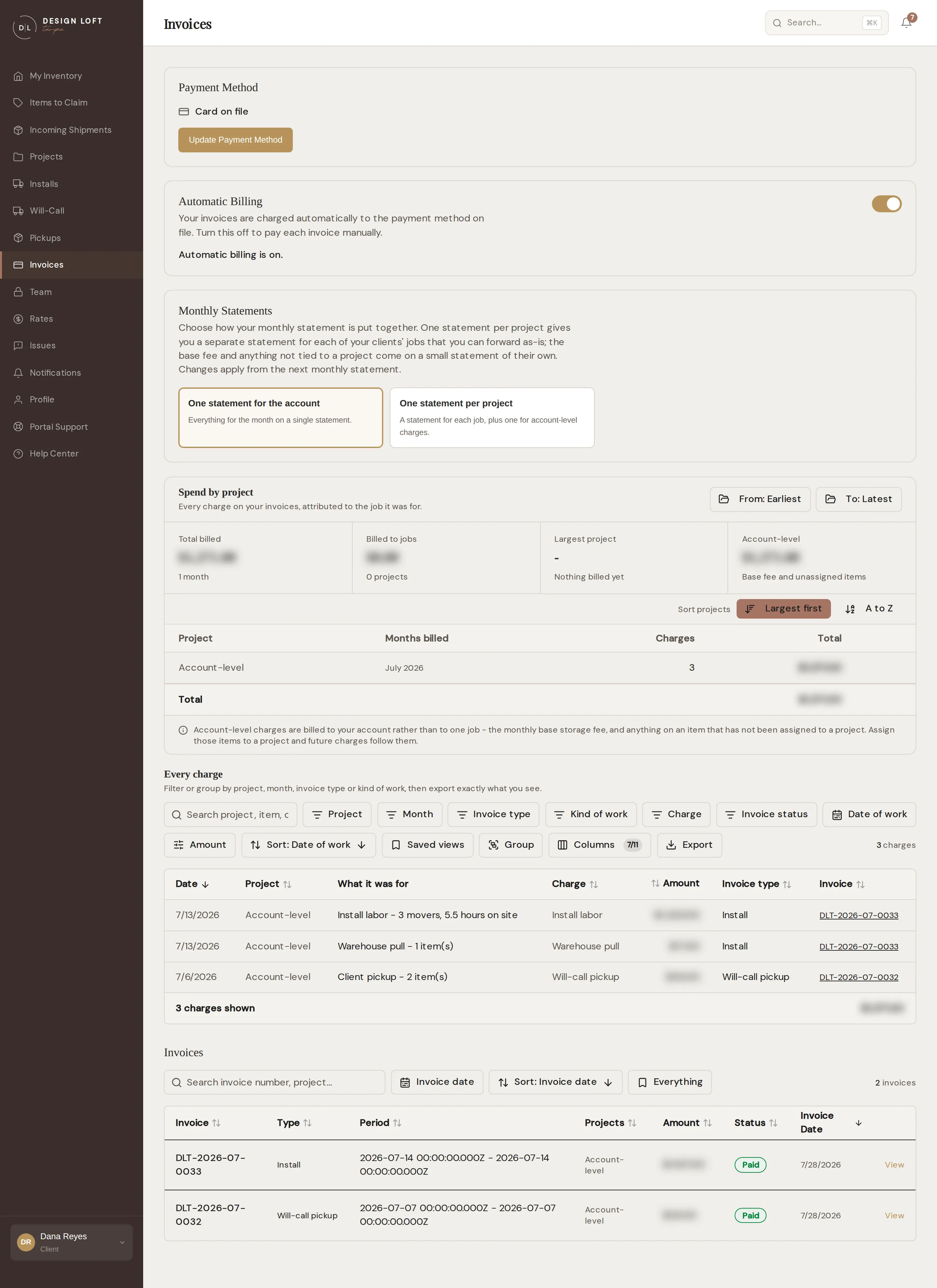 The Invoices page with payment method, automatic billing, and spend by project
