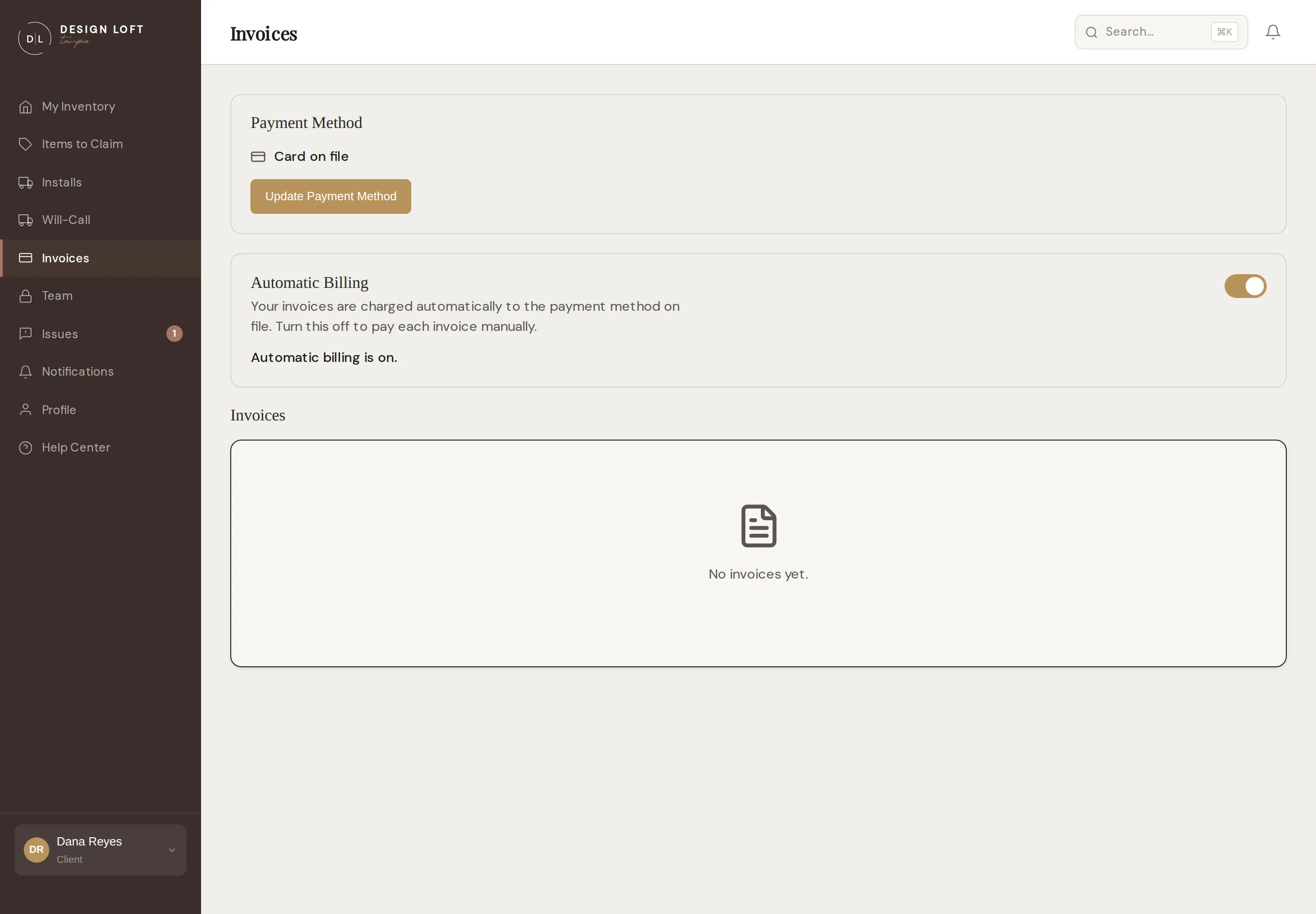 The Invoices page with payment method and automatic billing