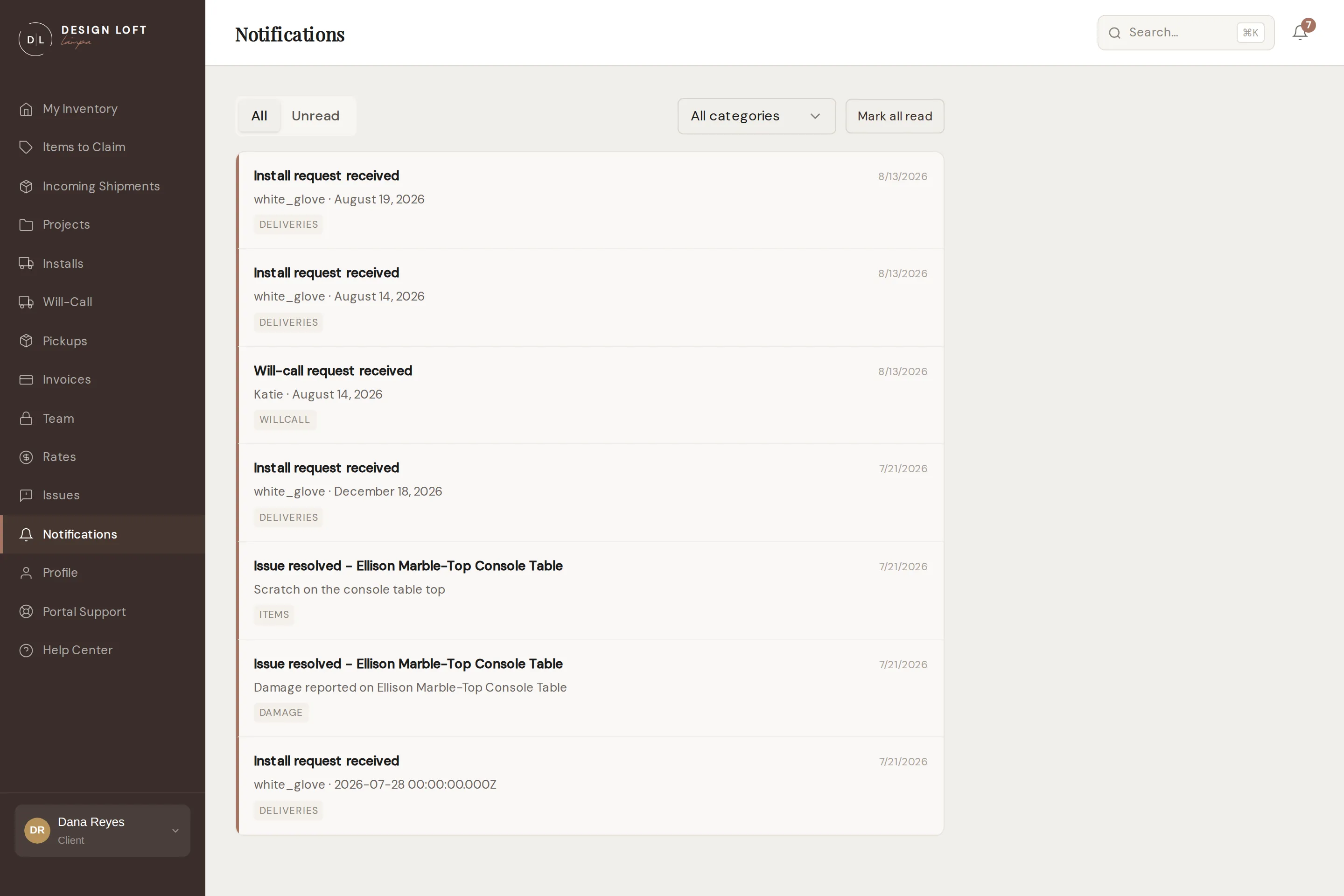 The notifications page