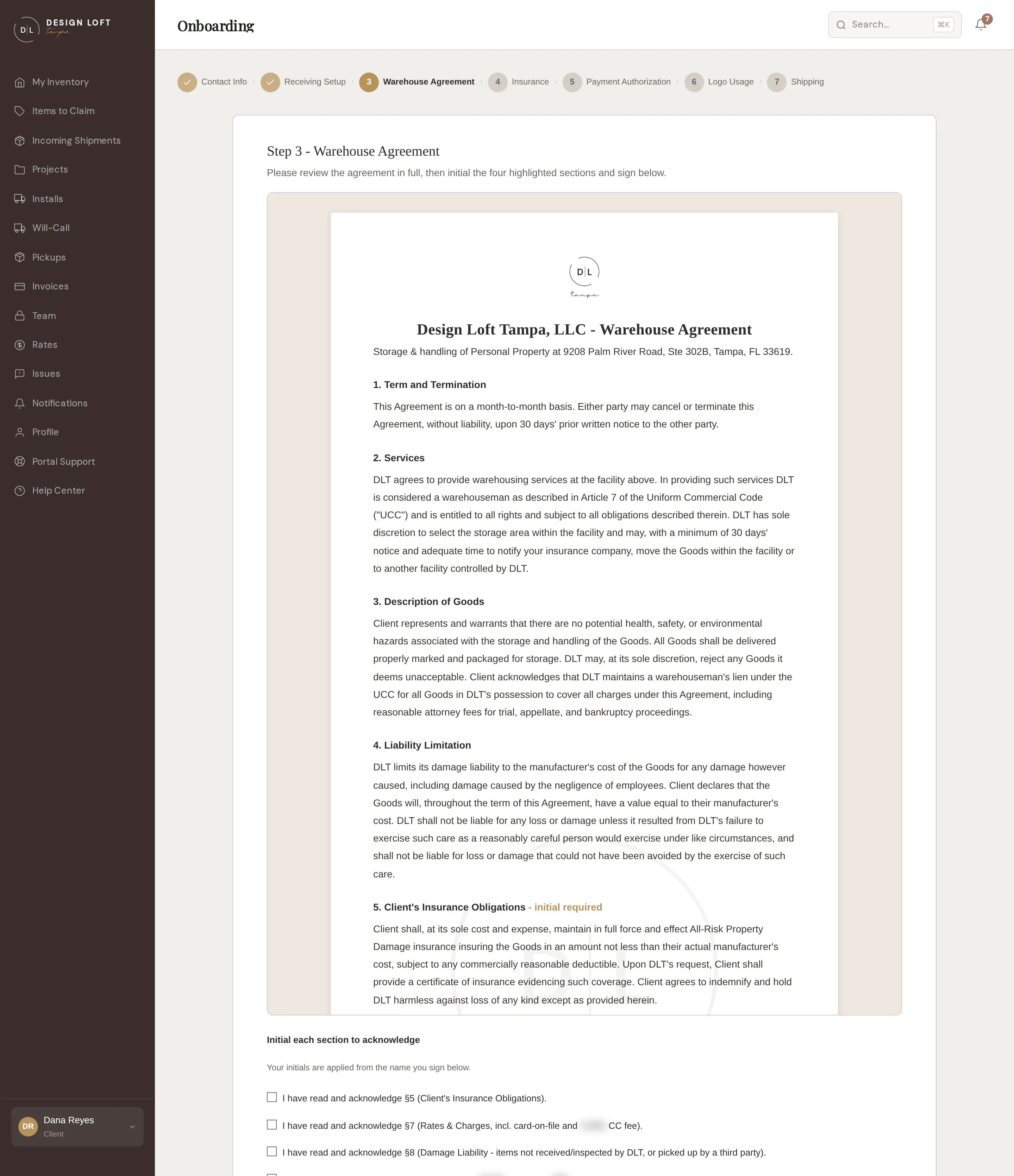 Onboarding step 3, the warehouse agreement with initialed sections and typed signature