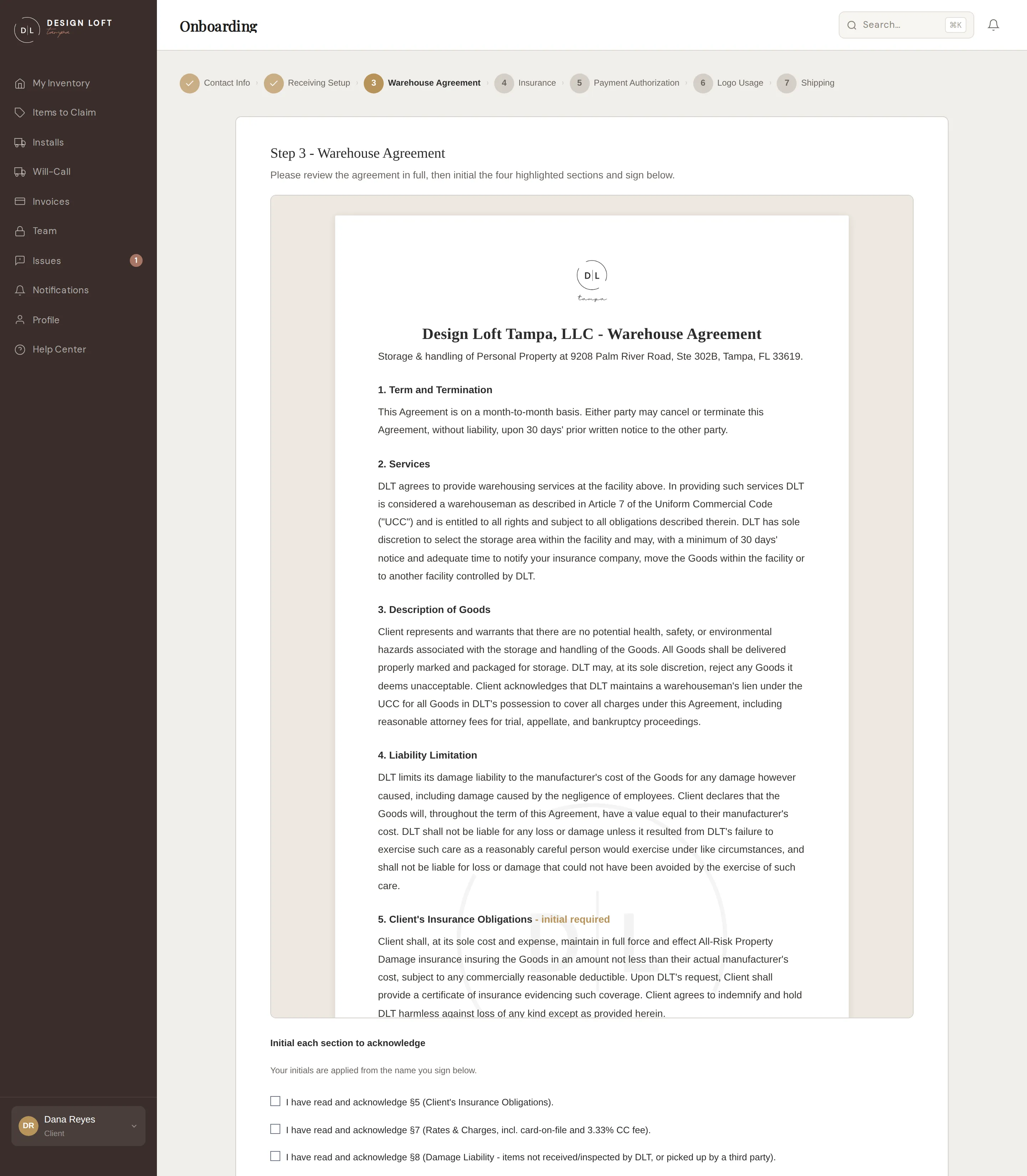 Onboarding step 3, the warehouse agreement with initialed sections and typed signature