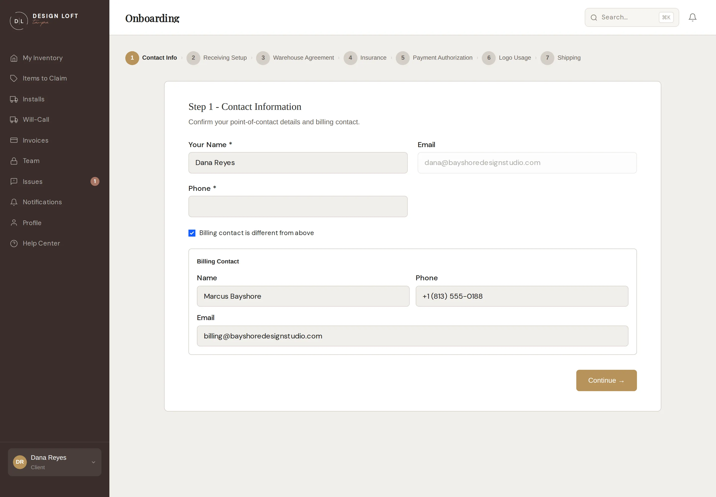 Onboarding step 1, contact information