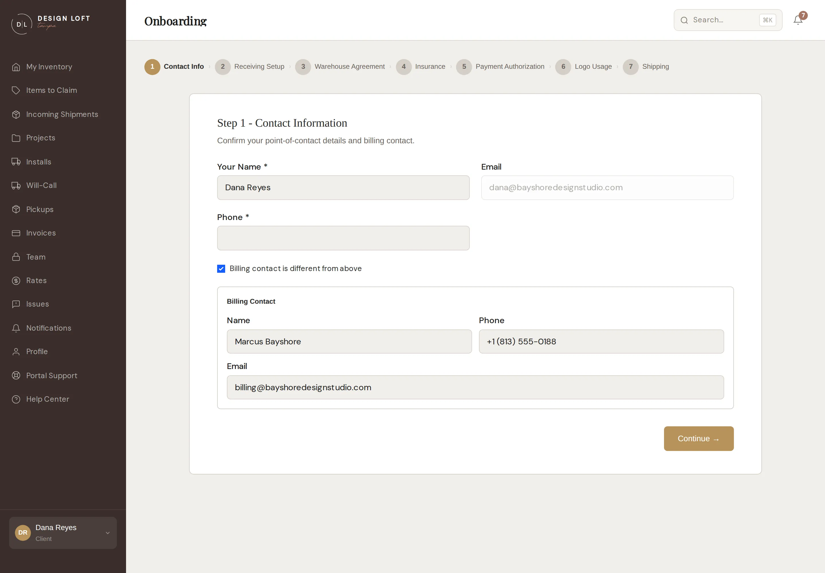 Onboarding step 1, contact information