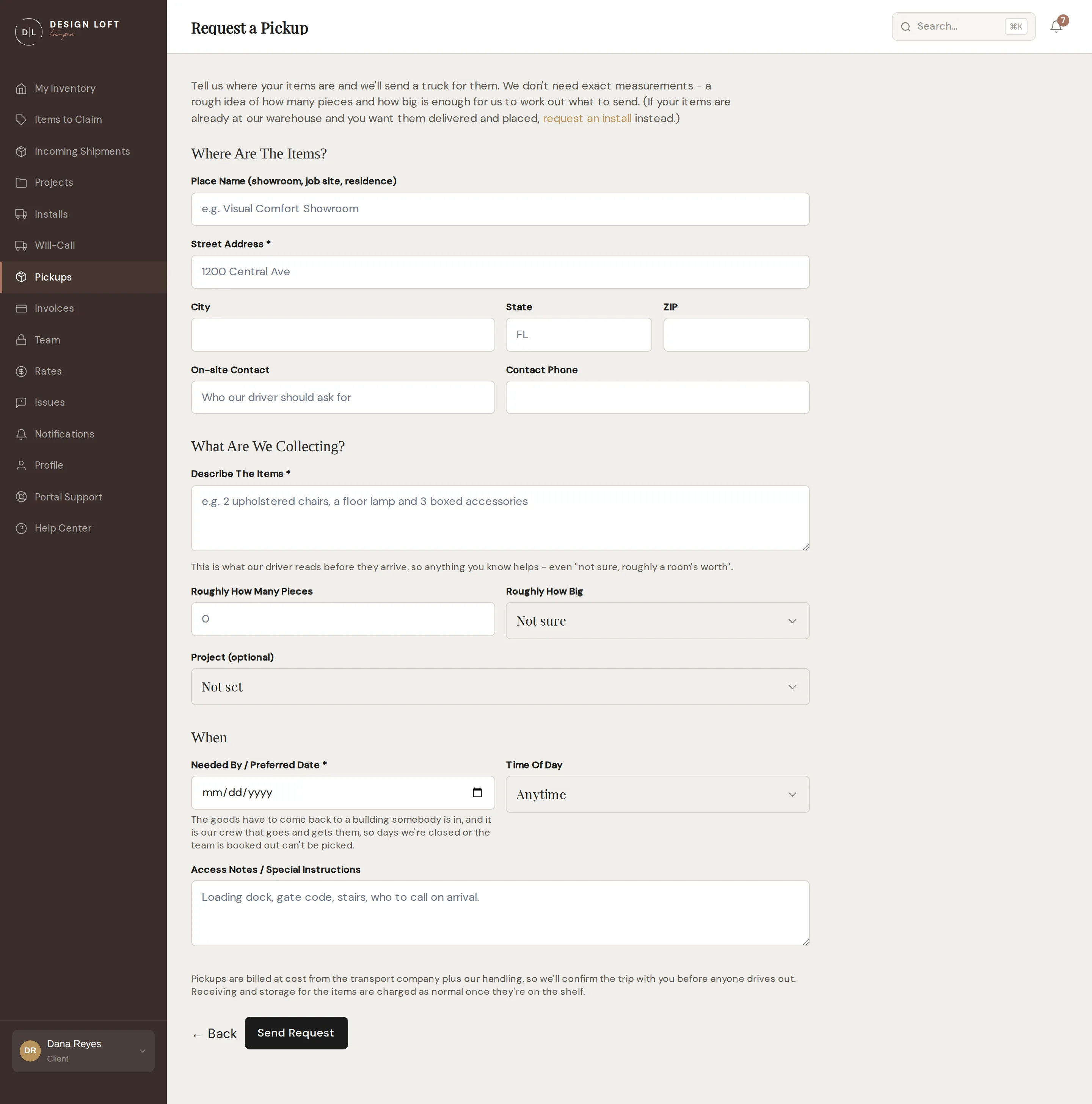 The pickup request form