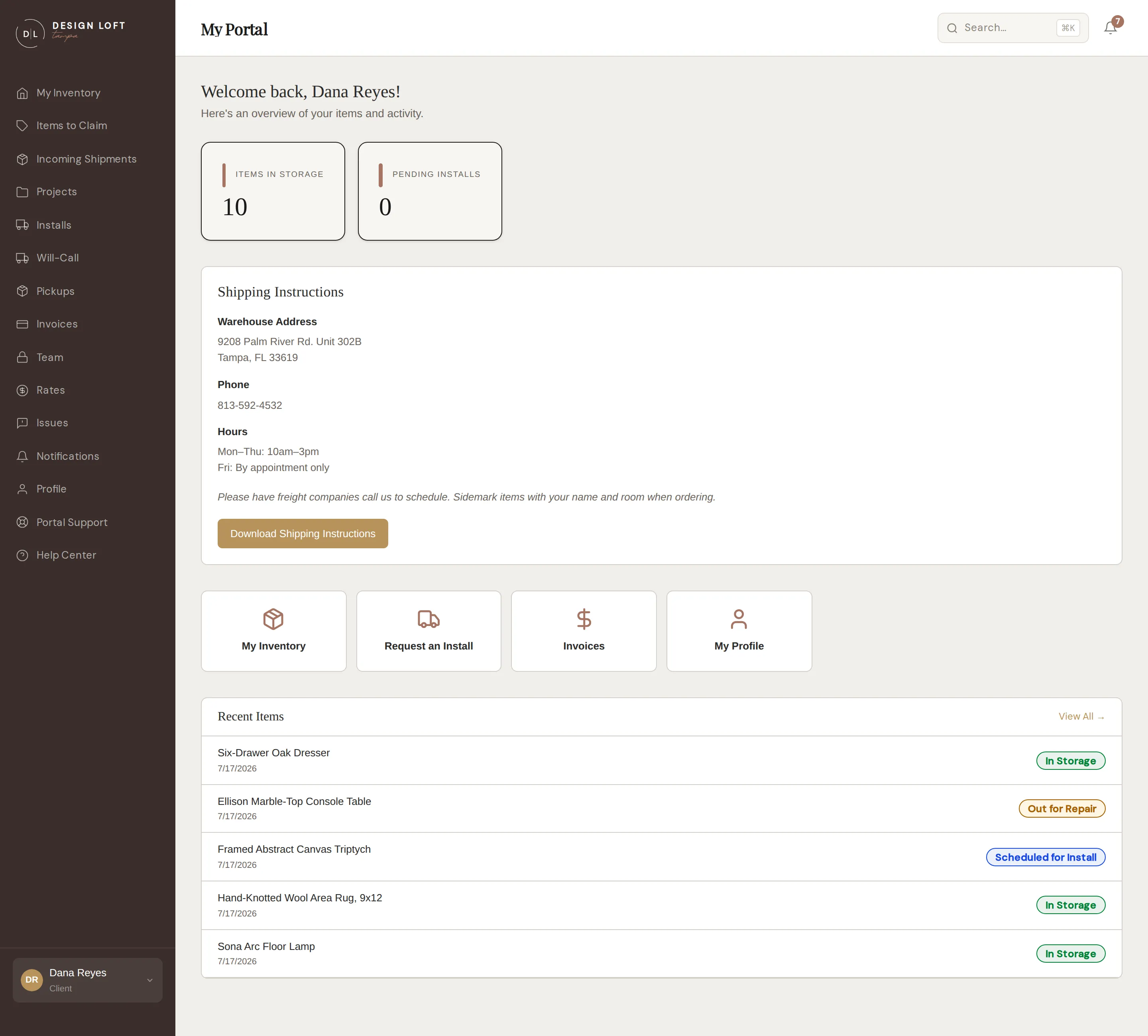 The portal dashboard