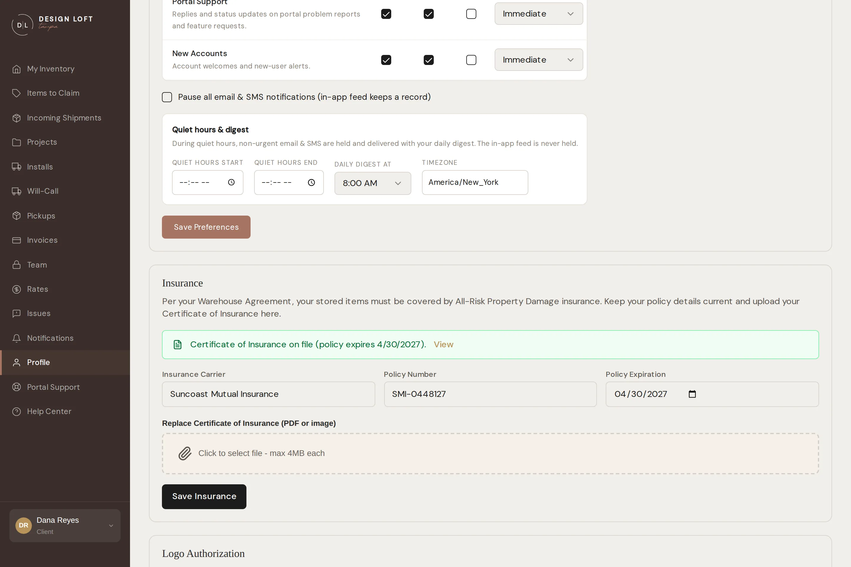 The Insurance section of the profile page