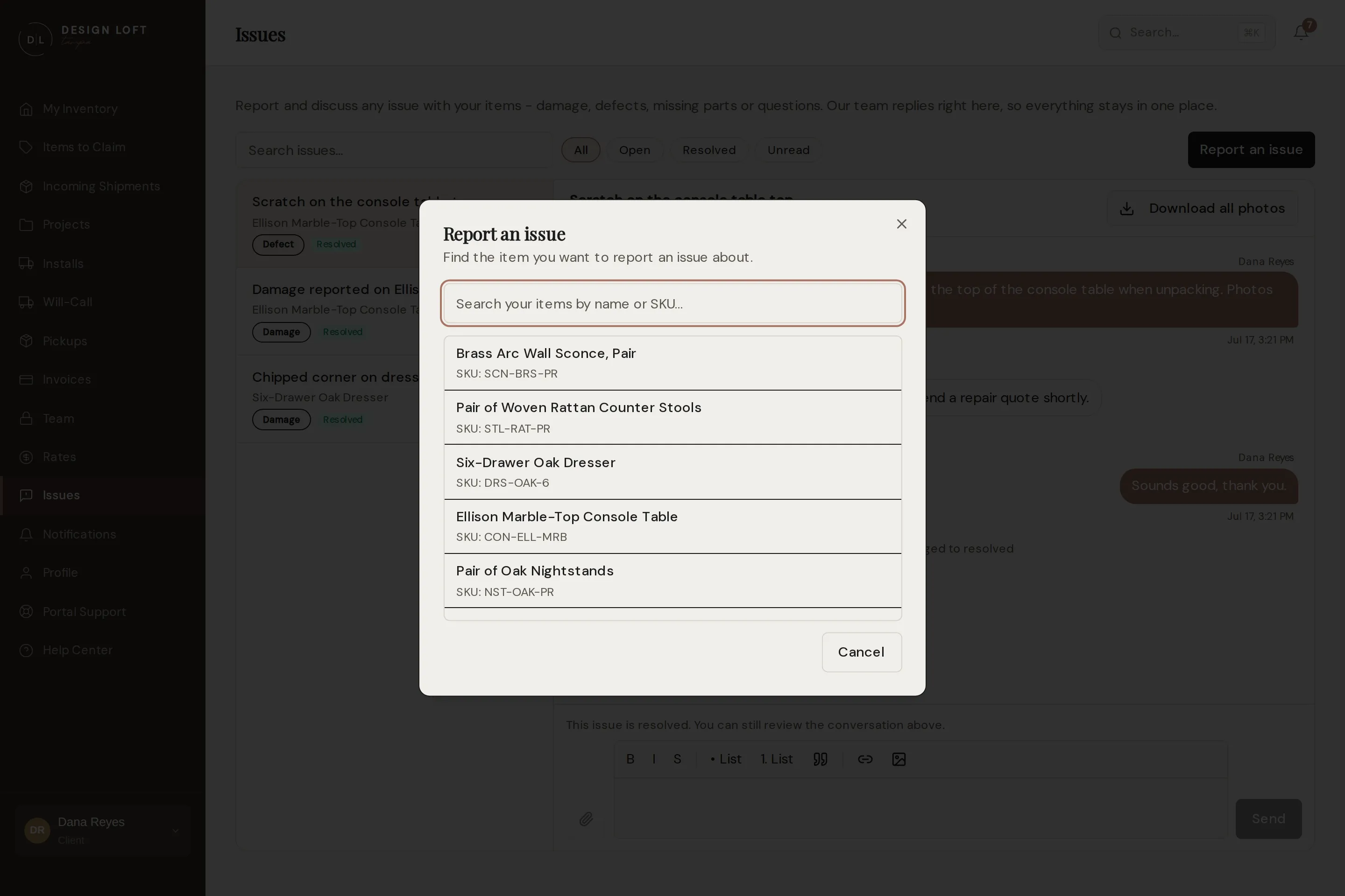 The report an issue dialog