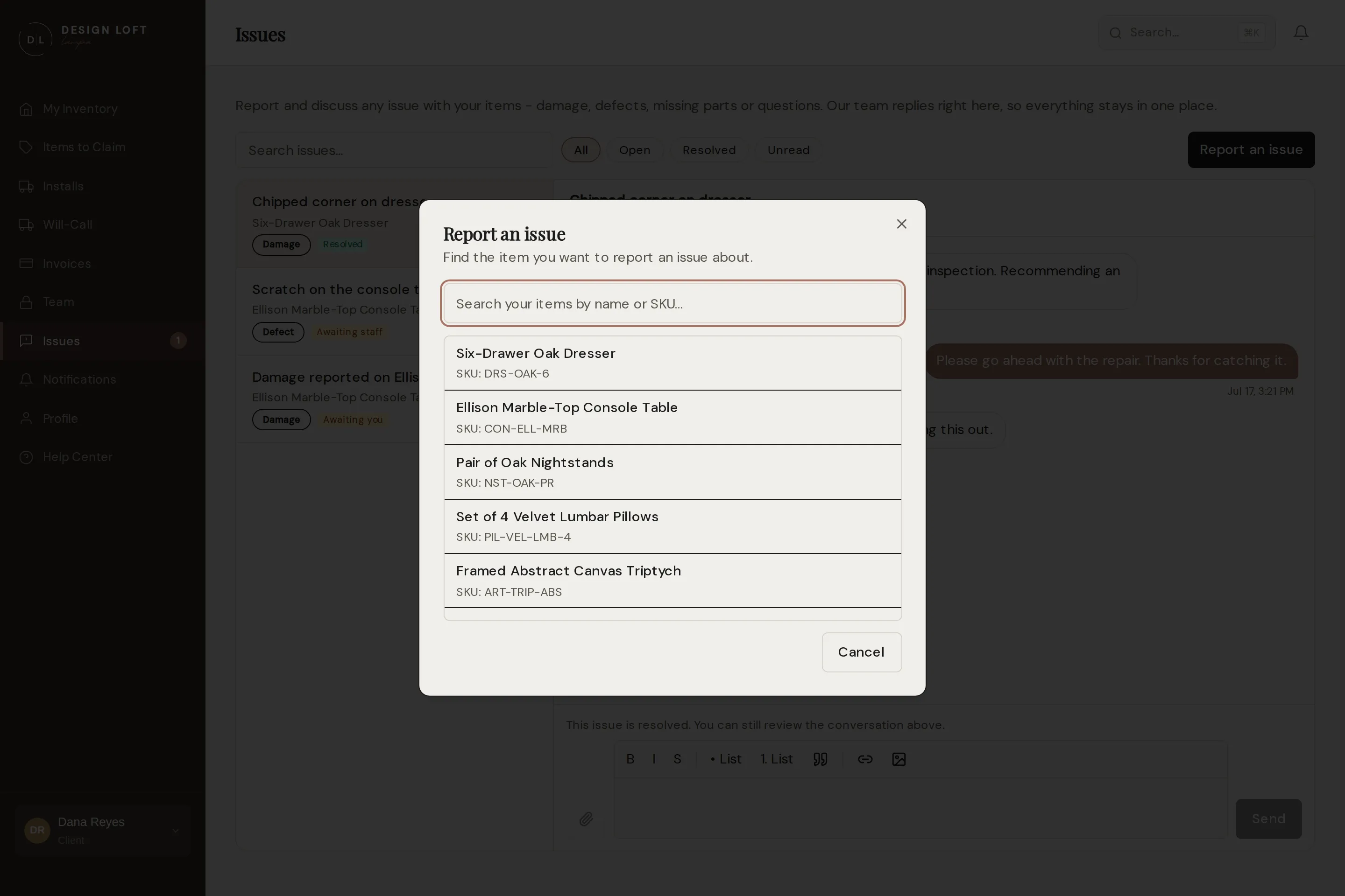 The report an issue dialog