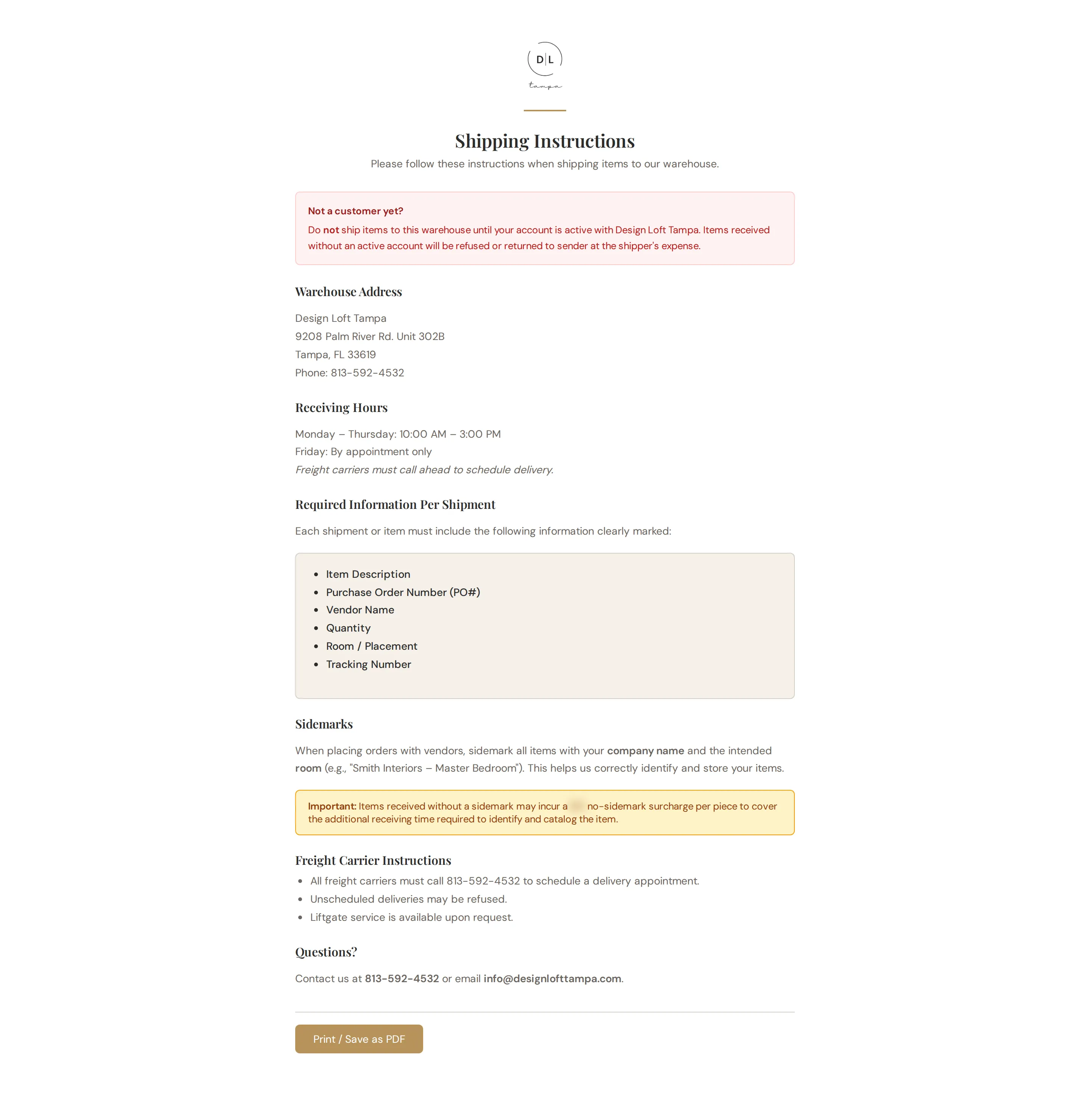 The printable shipping instructions