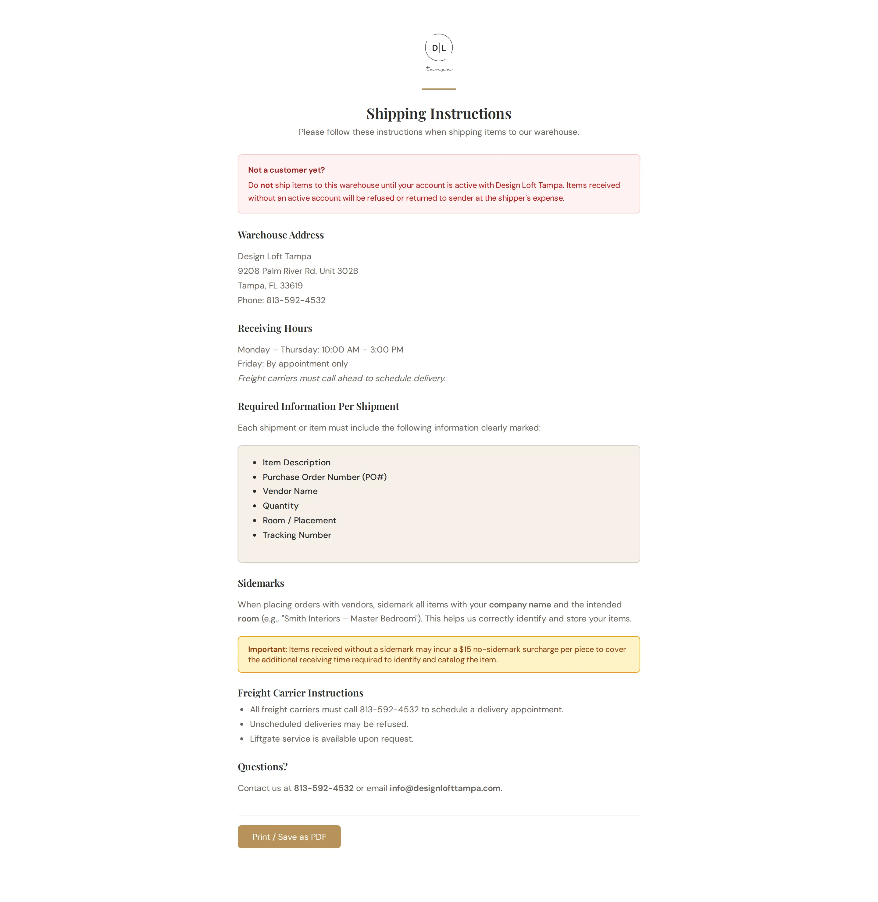 The printable shipping instructions