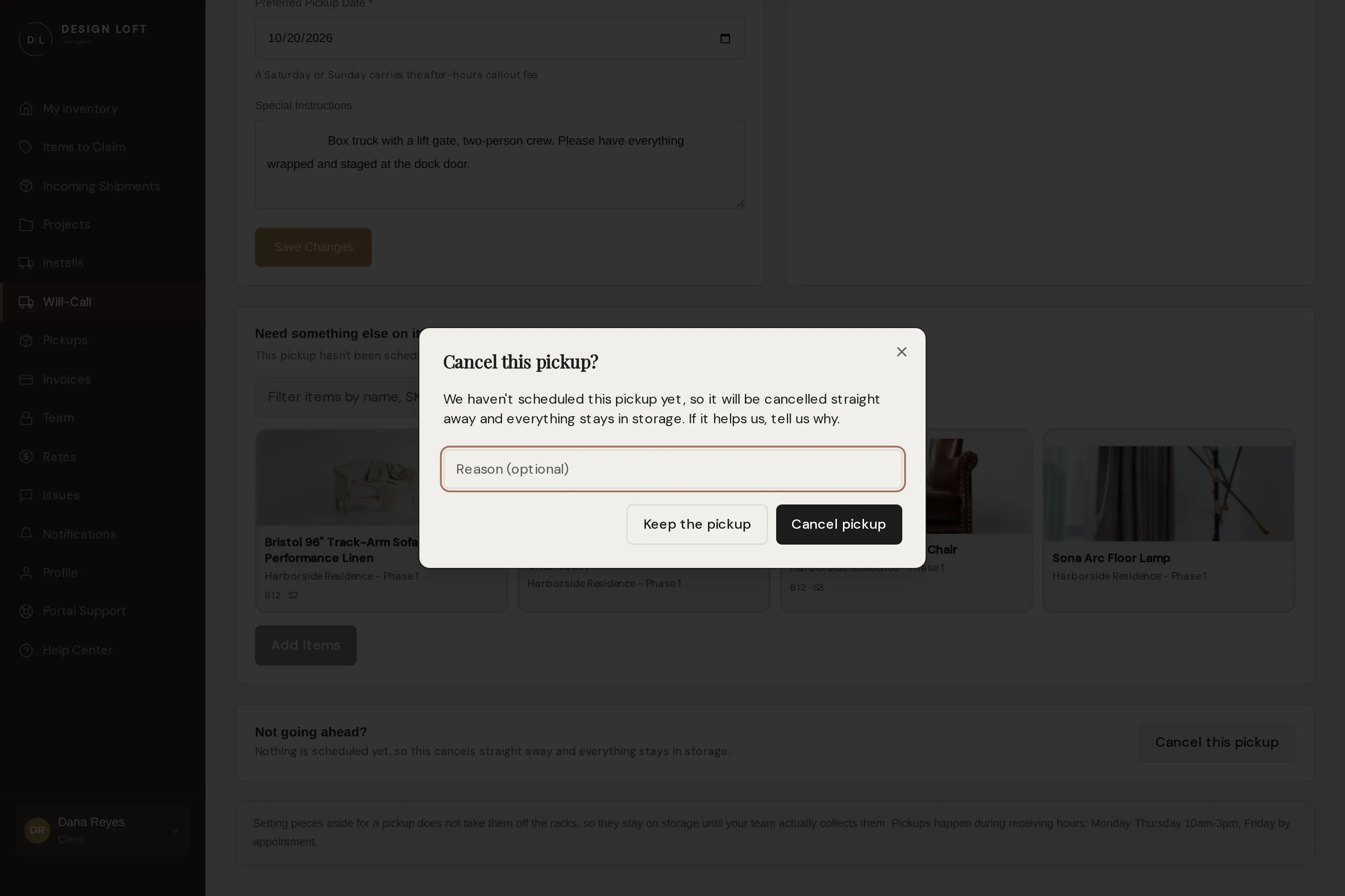 The dialog for calling off a pickup, with room to tell us why