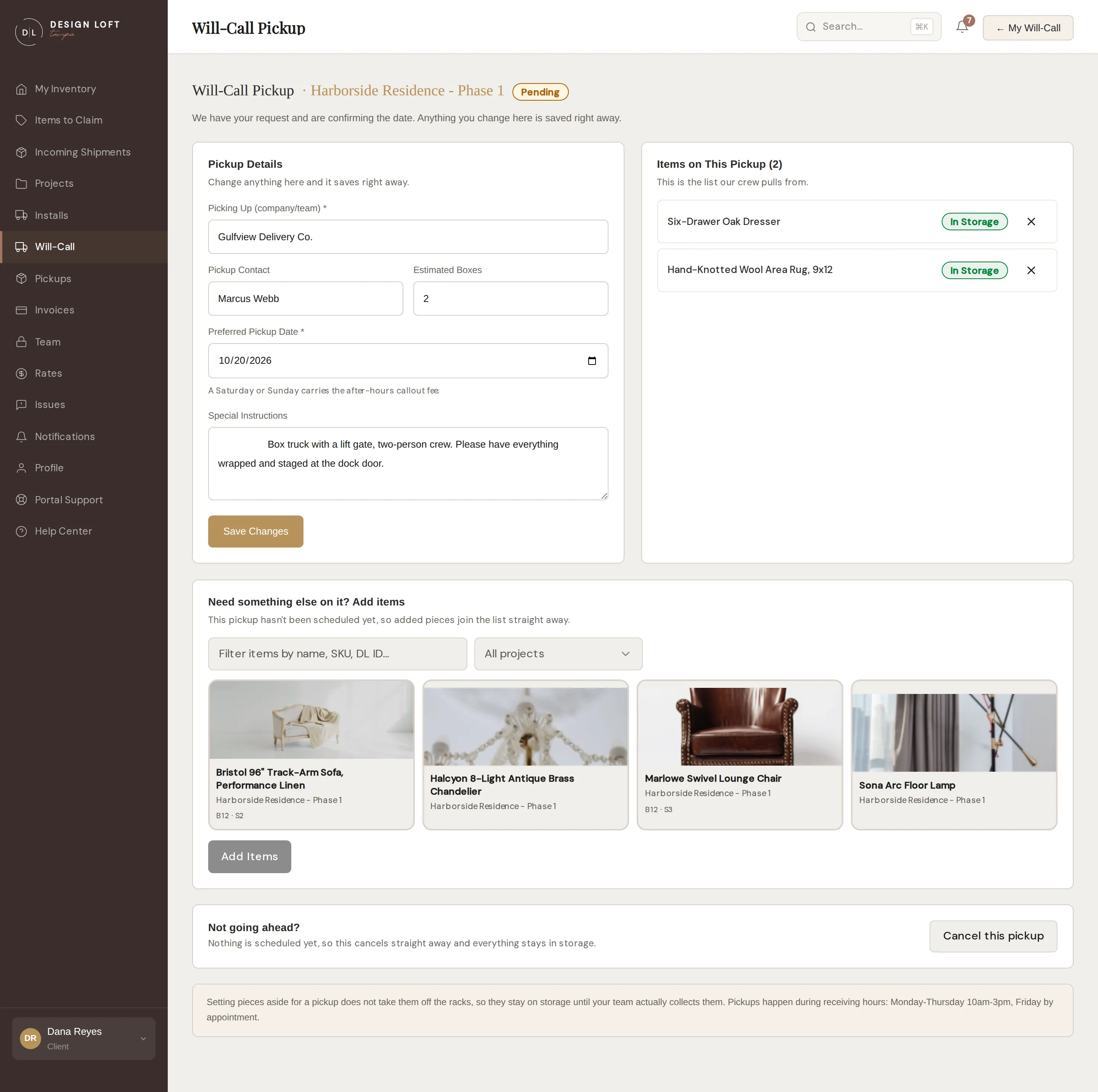A will-call pickup’s own page, with its pull list and the details you can change