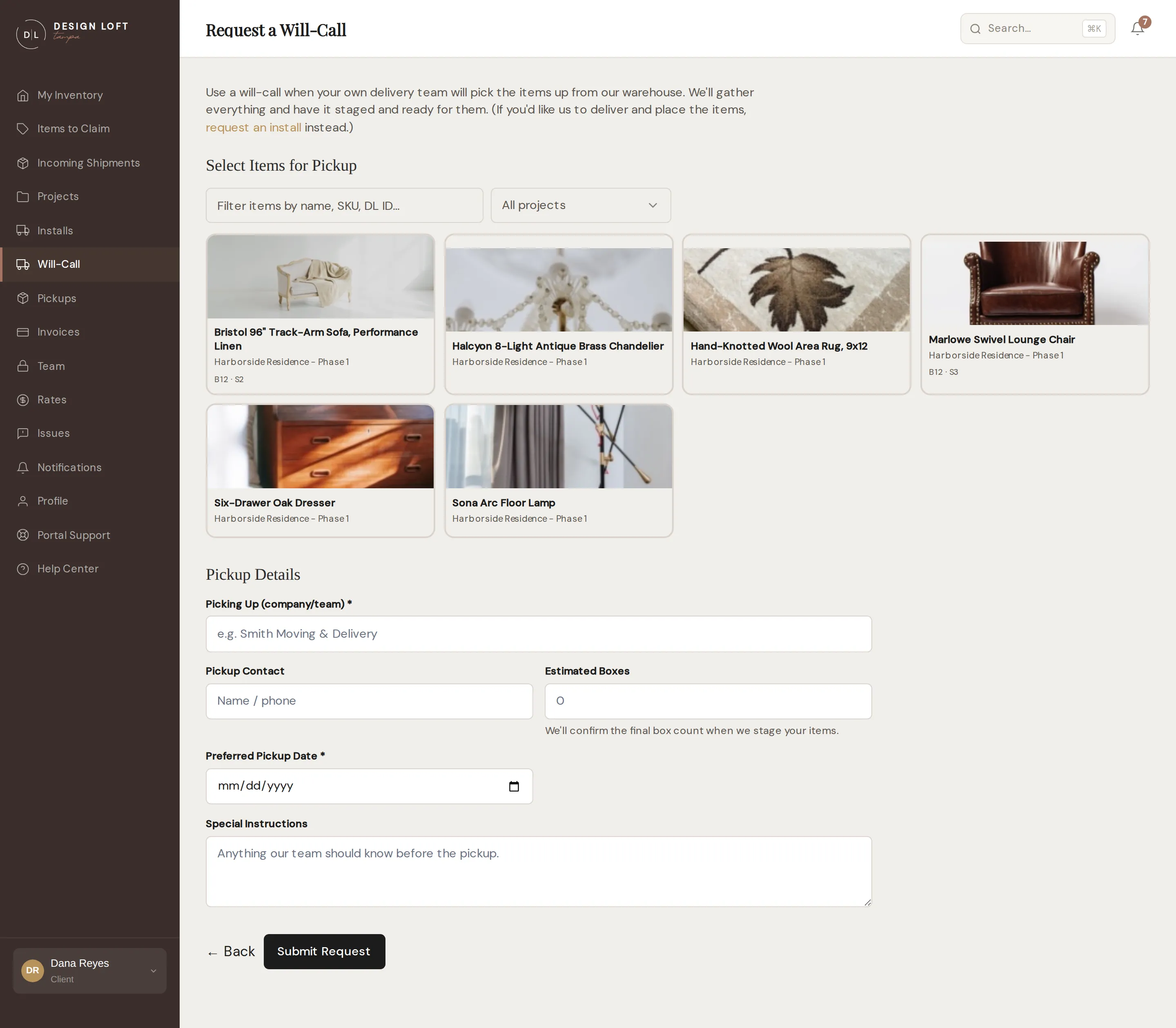 The will-call request form
