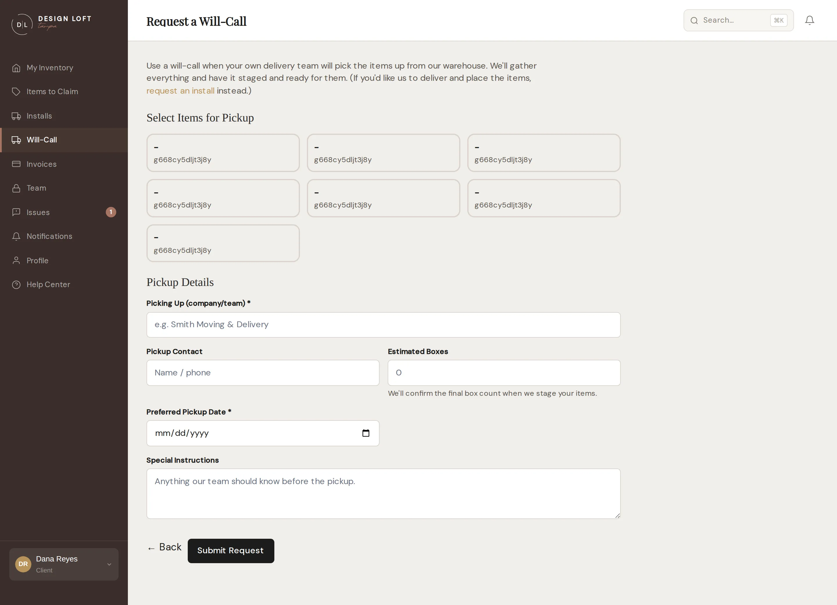 The will-call request form