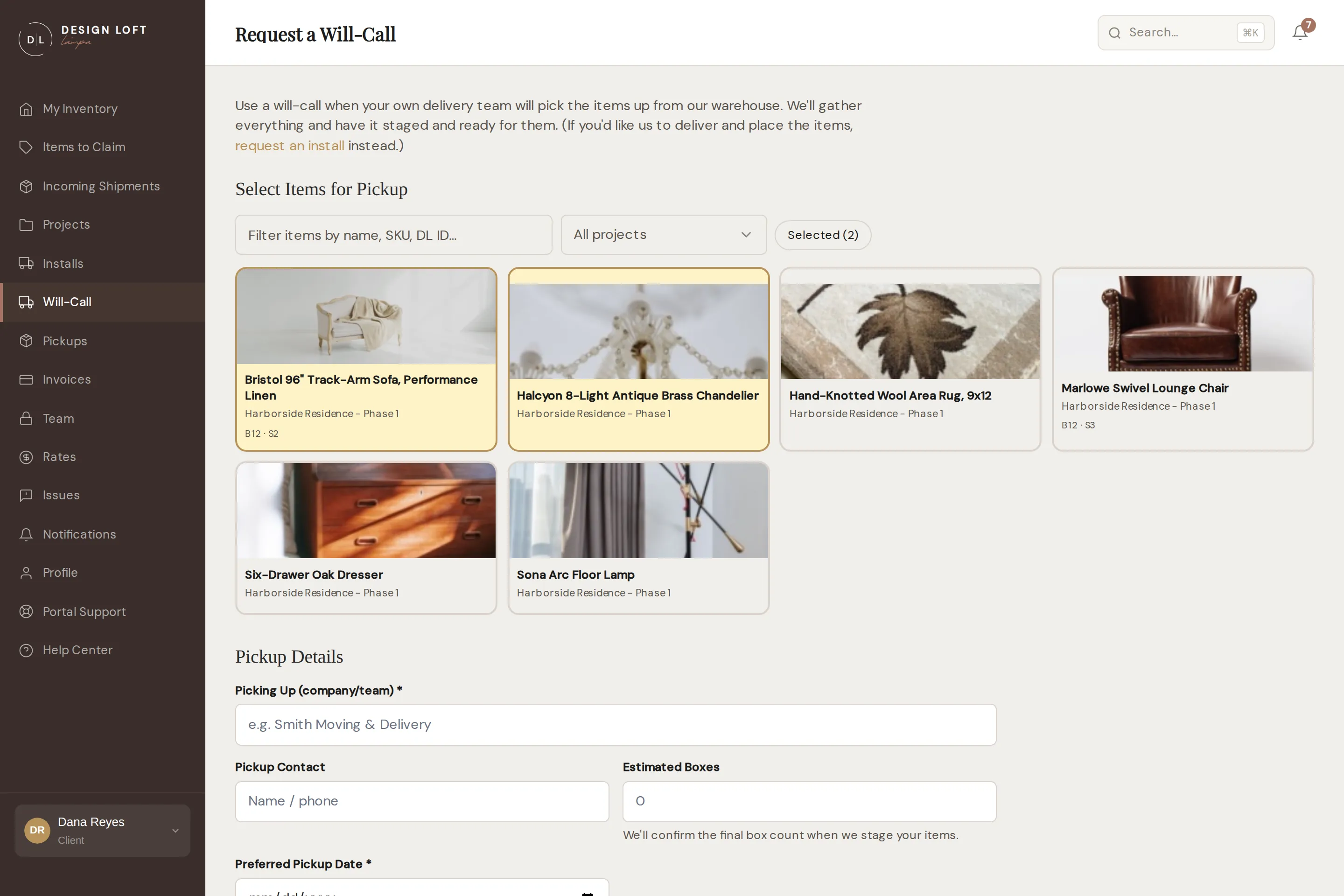 Choosing items on the will-call form, with the project filter and Selected pill showing